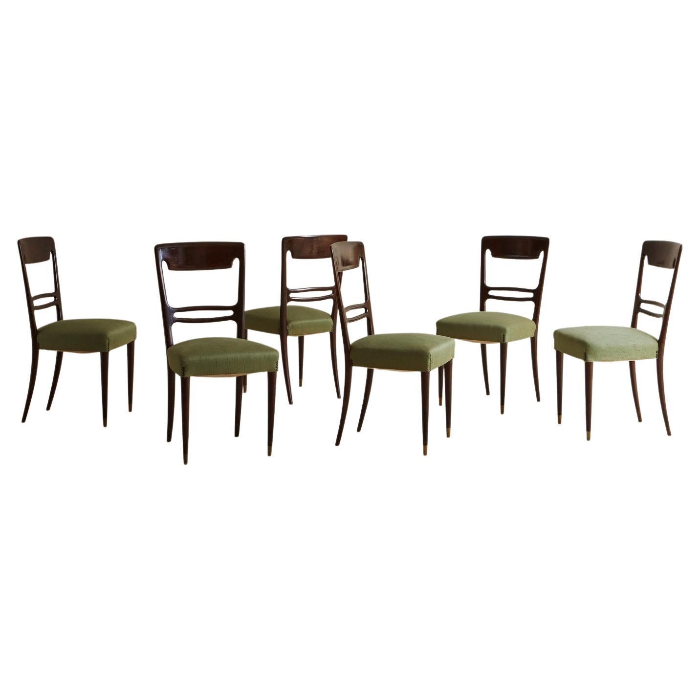 Set of 6 Mahogany Dining Chairs in Green Fabric, France 20th Century