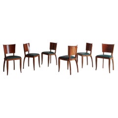 Set of 6 Mahogany + Green Leather Art Deco Dining Chairs, France 1940s