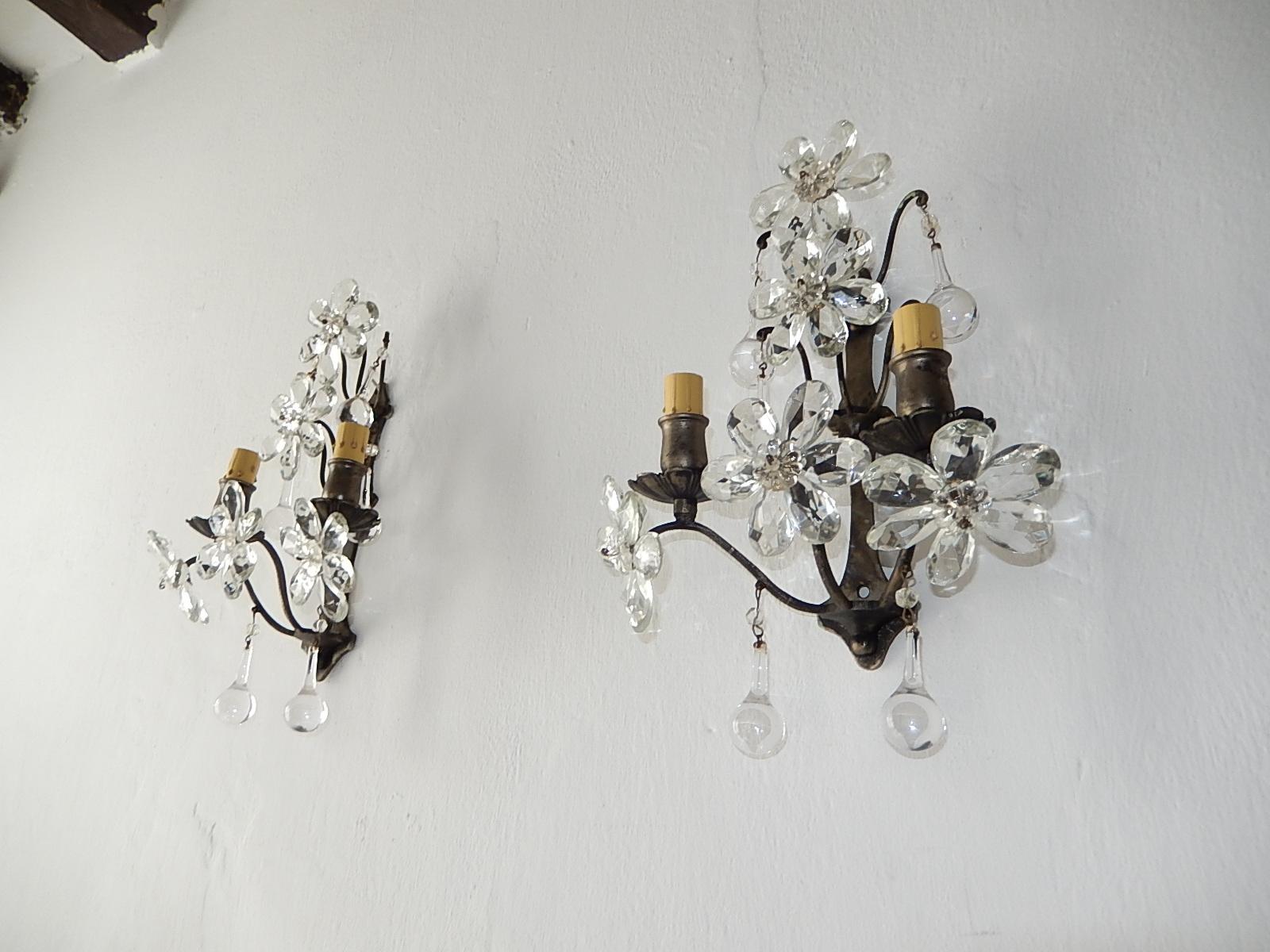 French Set of 6 Maison Baguès Signed Crystal Flowers Sconces, circa 1940