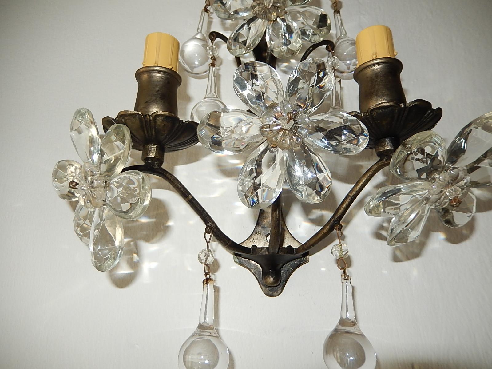 Bronze Set of 6 Maison Baguès Signed Crystal Flowers Sconces, circa 1940