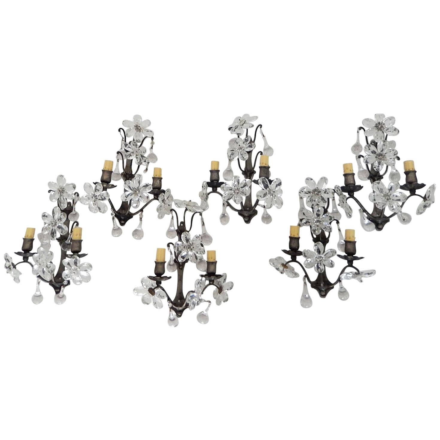 Set of 6 Maison Baguès Signed Crystal Flowers Sconces, circa 1940