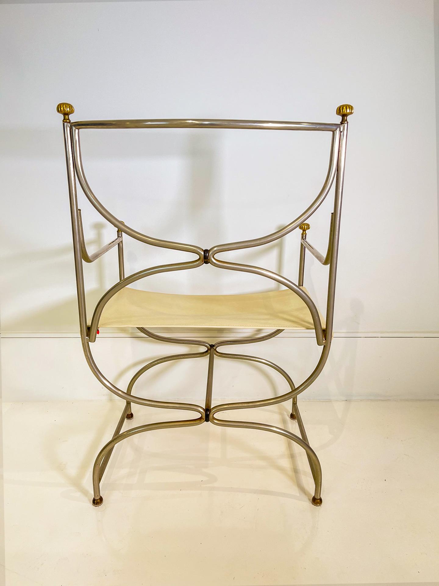 Set of 6 Maison Jansen Steel Chairs Curule Savonarola with Beige Leather 5