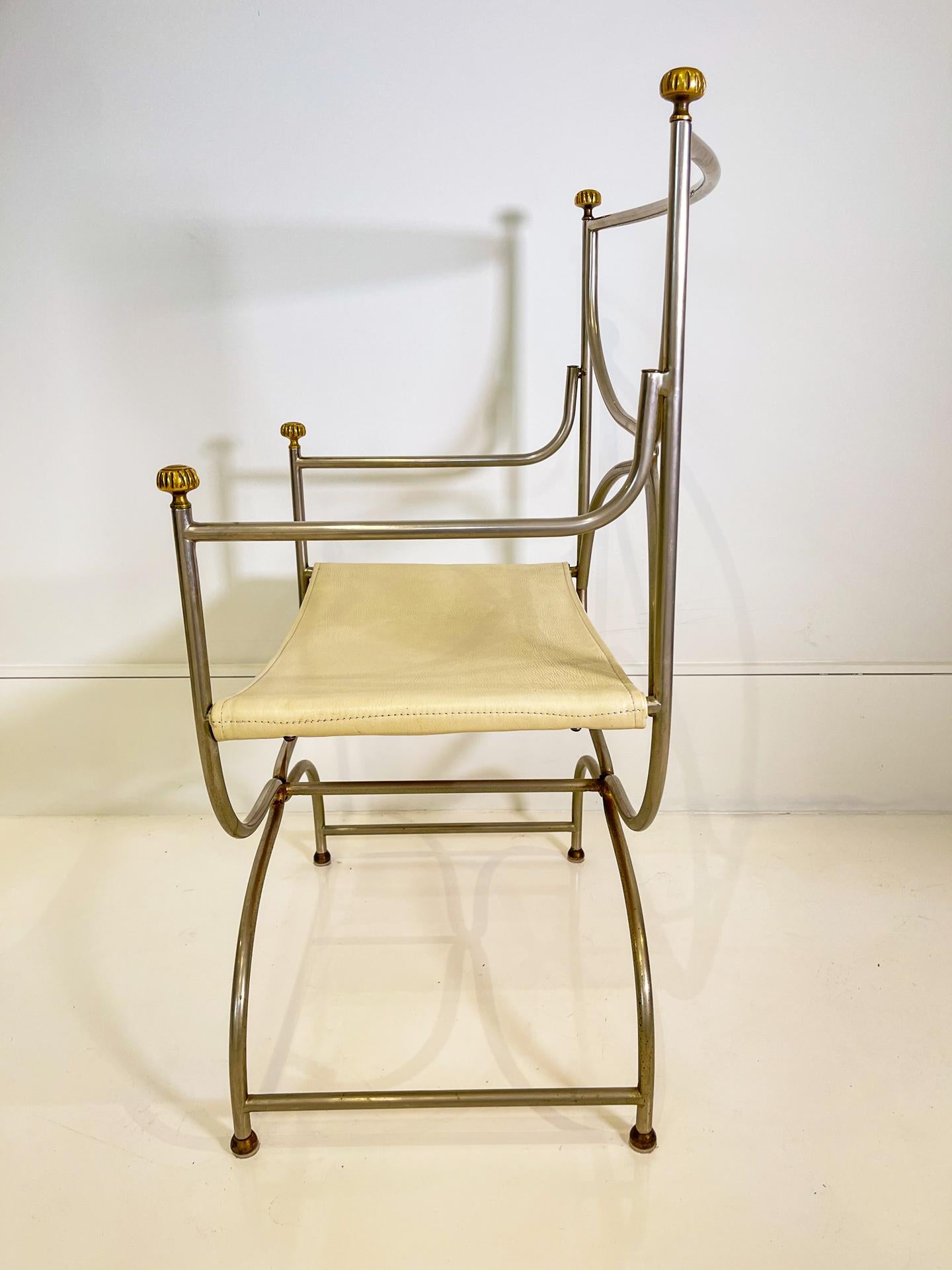 Set of 6 Maison Jansen Steel Chairs Curule Savonarola with Beige Leather 6