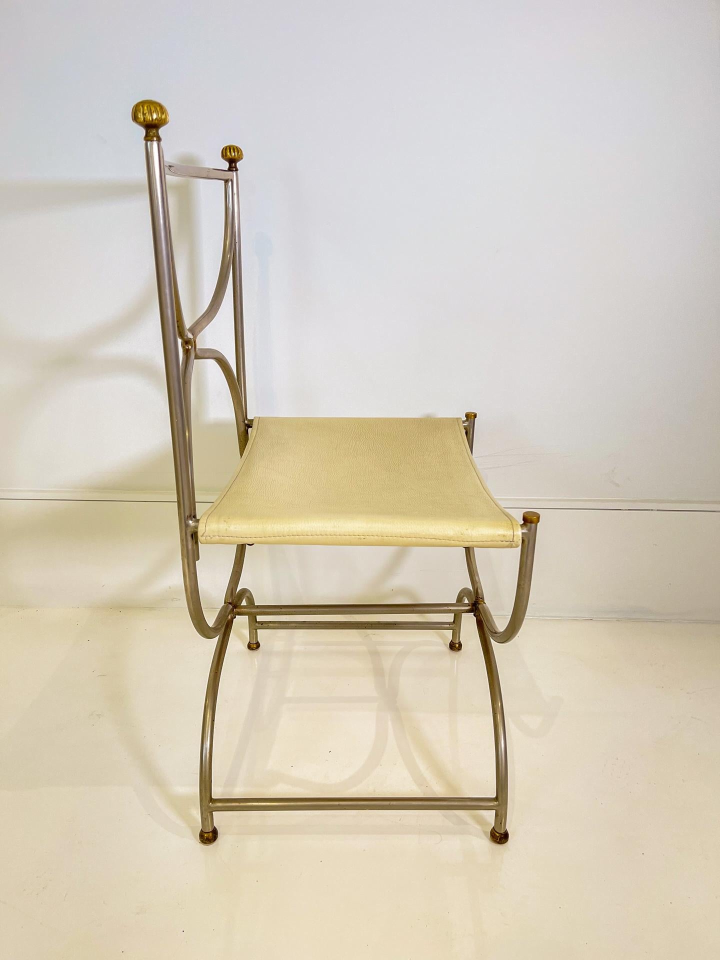 Set of 6 Maison Jansen Steel Chairs Curule Savonarola with Beige Leather In Good Condition In New Orleans, LA