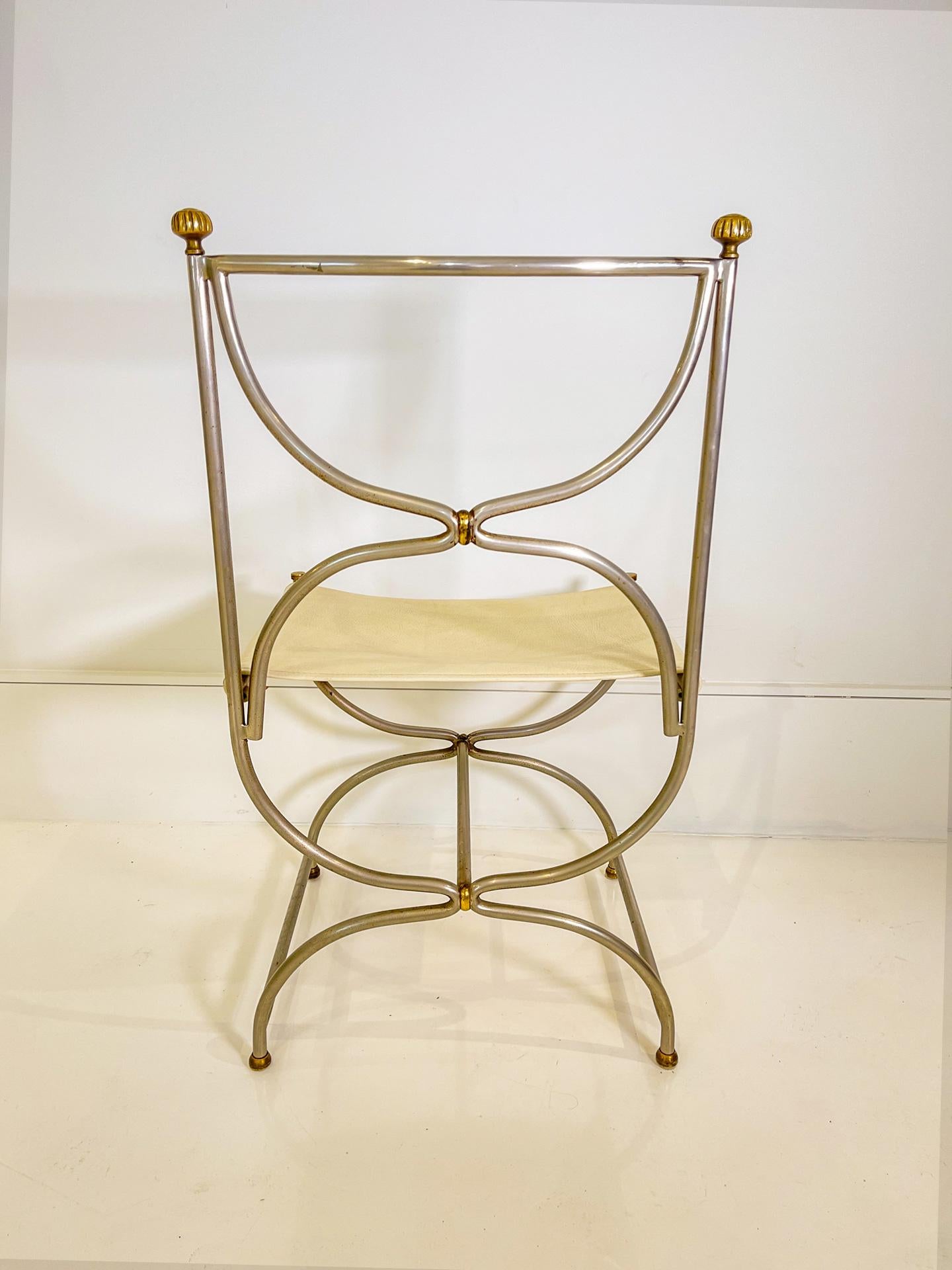 19th Century Set of 6 Maison Jansen Steel Chairs Curule Savonarola with Beige Leather