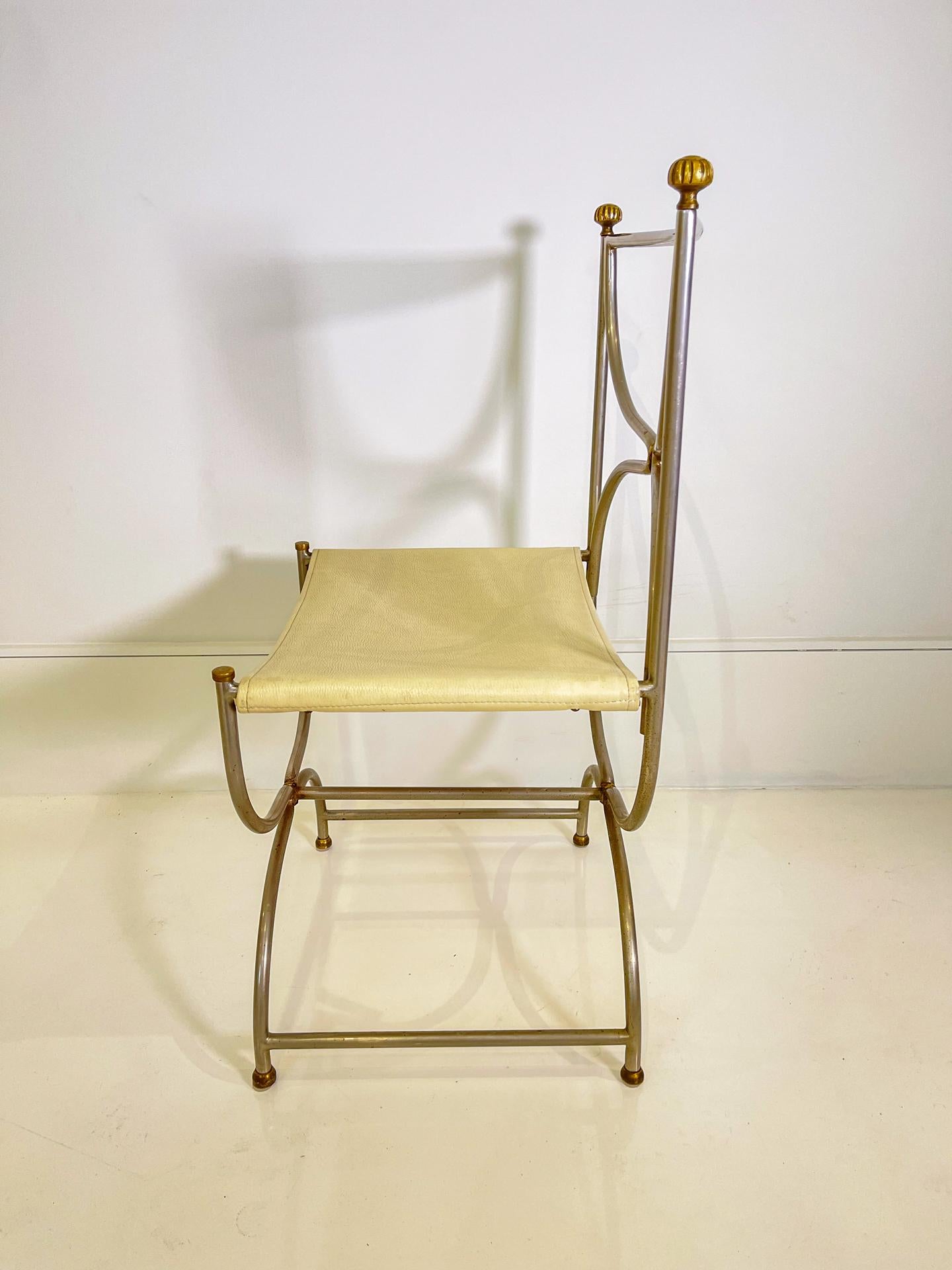 Set of 6 Maison Jansen Steel Chairs Curule Savonarola with Beige Leather 1