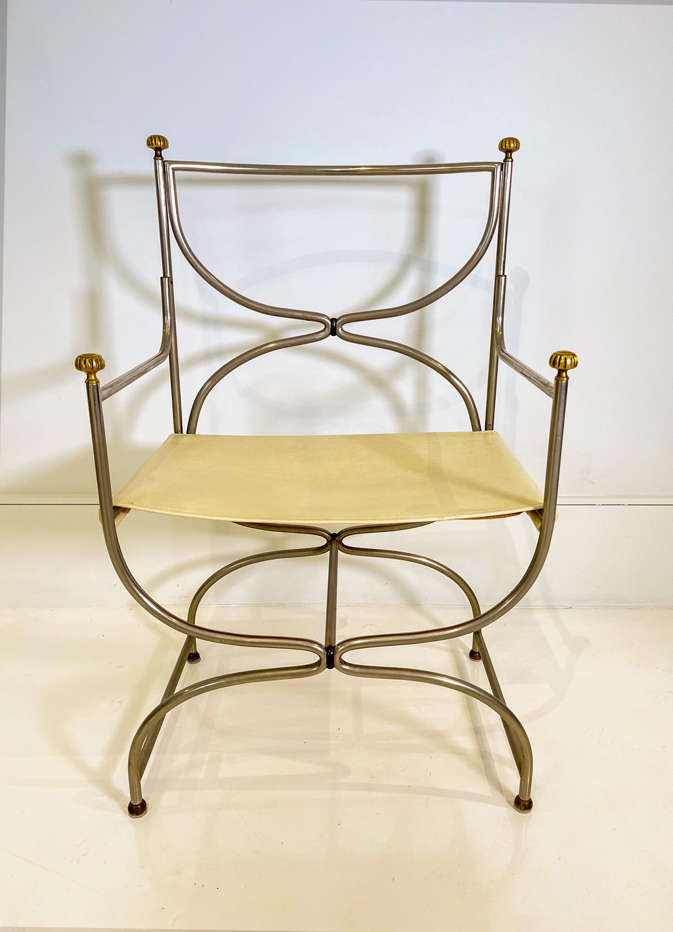 Set of 6 Maison Jansen Steel Chairs Curule Savonarola with Beige Leather 2