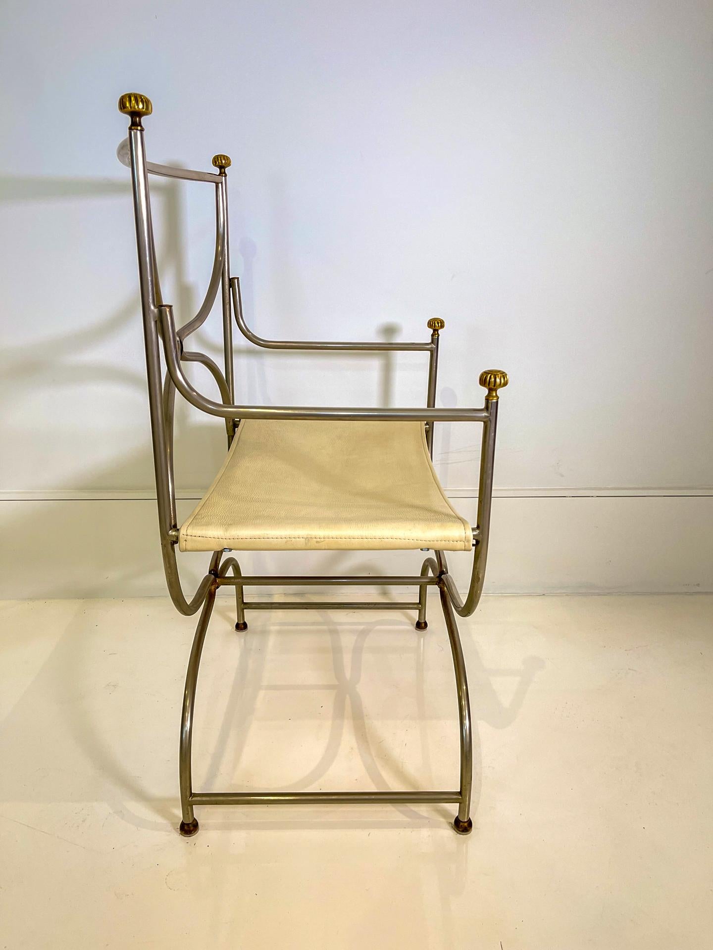 Set of 6 Maison Jansen Steel Chairs Curule Savonarola with Beige Leather 4