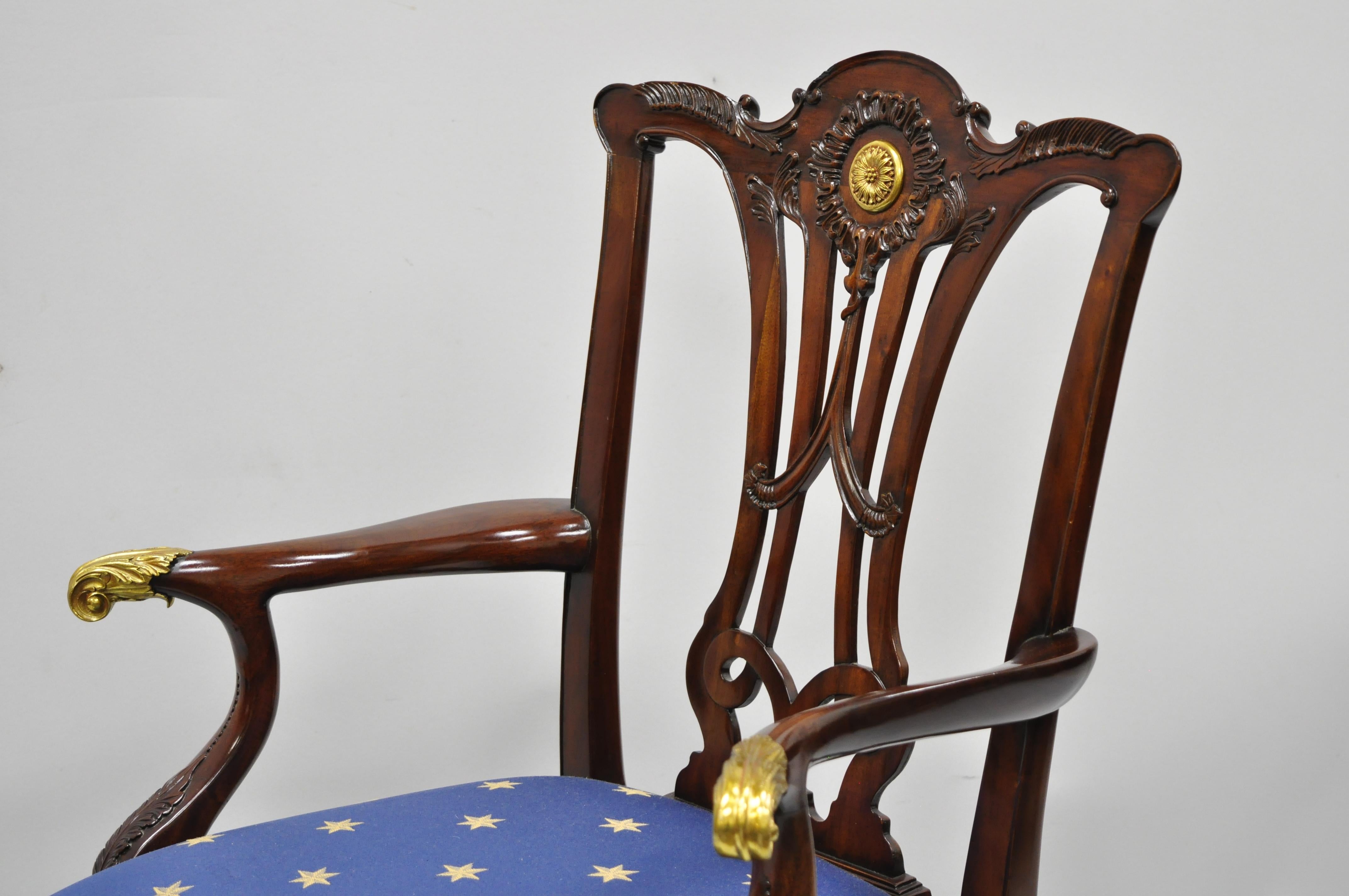Set of 6 Maitland Smith Mahogany Chippendale Style Dining Chairs w/ Brass Ormolu For Sale 1