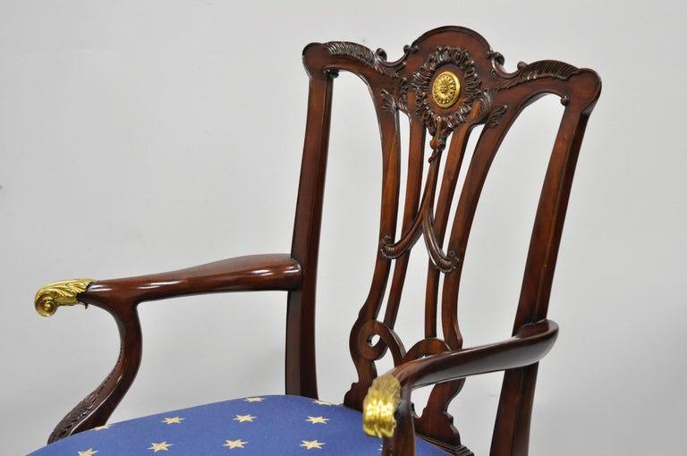 Set of 6 Maitland Smith Mahogany Chippendale Style Dining Chairs w/ Brass Ormolu For Sale 4