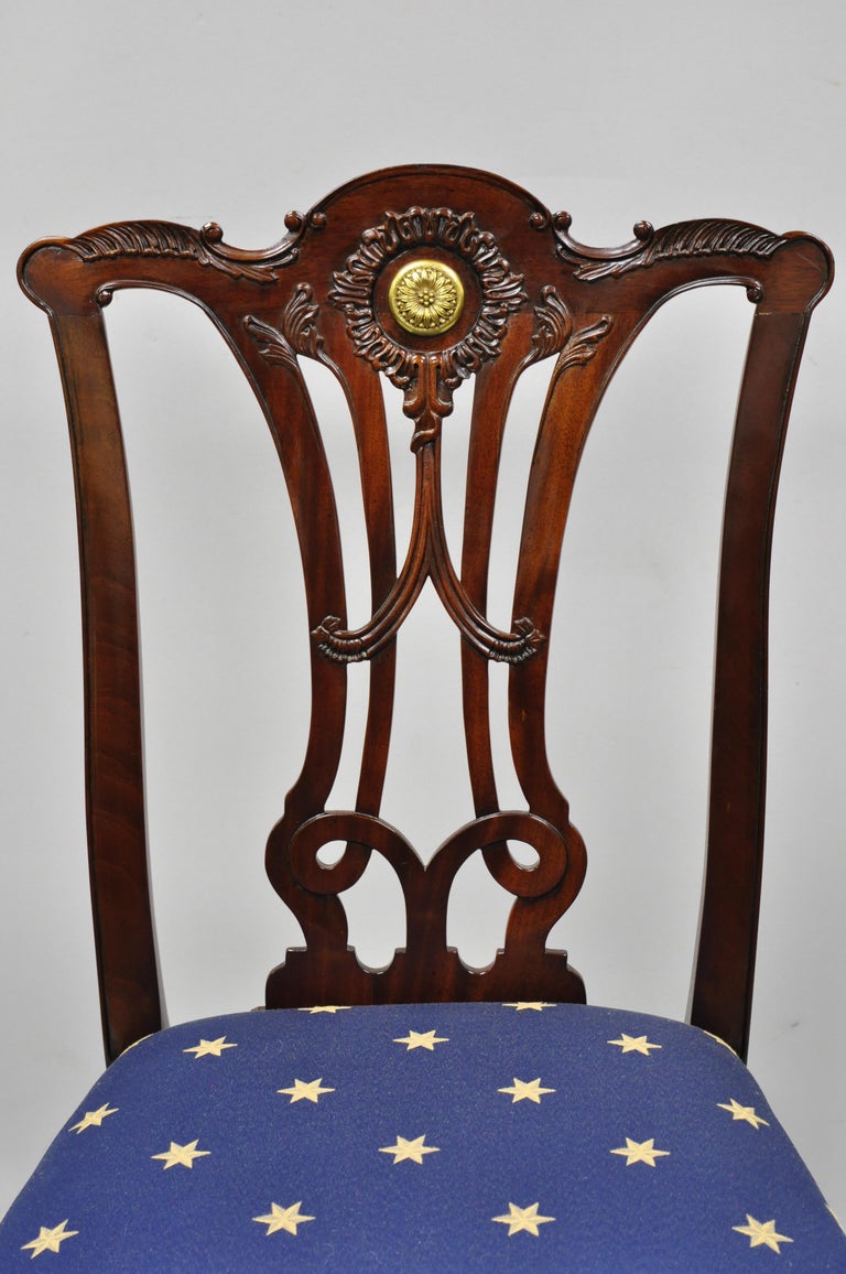 Set of 6 Maitland Smith Mahogany Chippendale Style Dining Chairs w/ Brass Ormolu For Sale 5