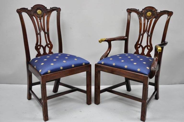 Set of 6 Maitland Smith Mahogany Chippendale Style Dining Chairs w/ Brass Ormolu For Sale 6