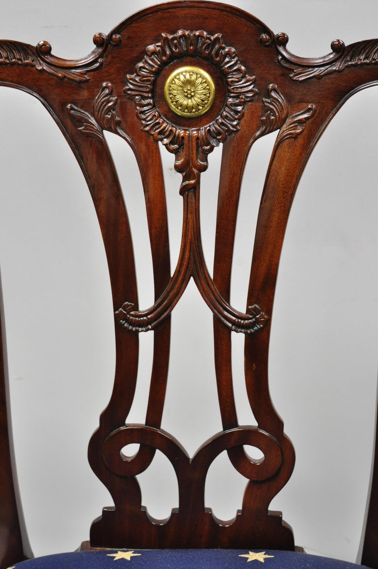 Set of 6 Maitland Smith Mahogany Chippendale Style Dining Chairs w/ Brass Ormolu In Good Condition For Sale In Philadelphia, PA