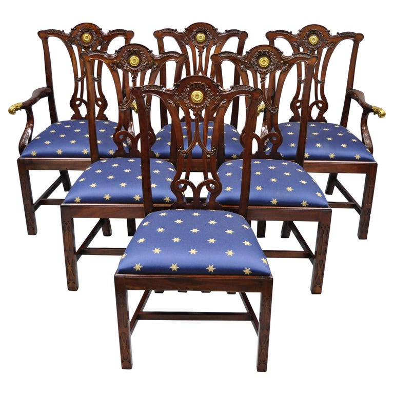 Set of 6 Maitland Smith Mahogany Chippendale Style Dining Chairs w/ Brass Ormolu For Sale