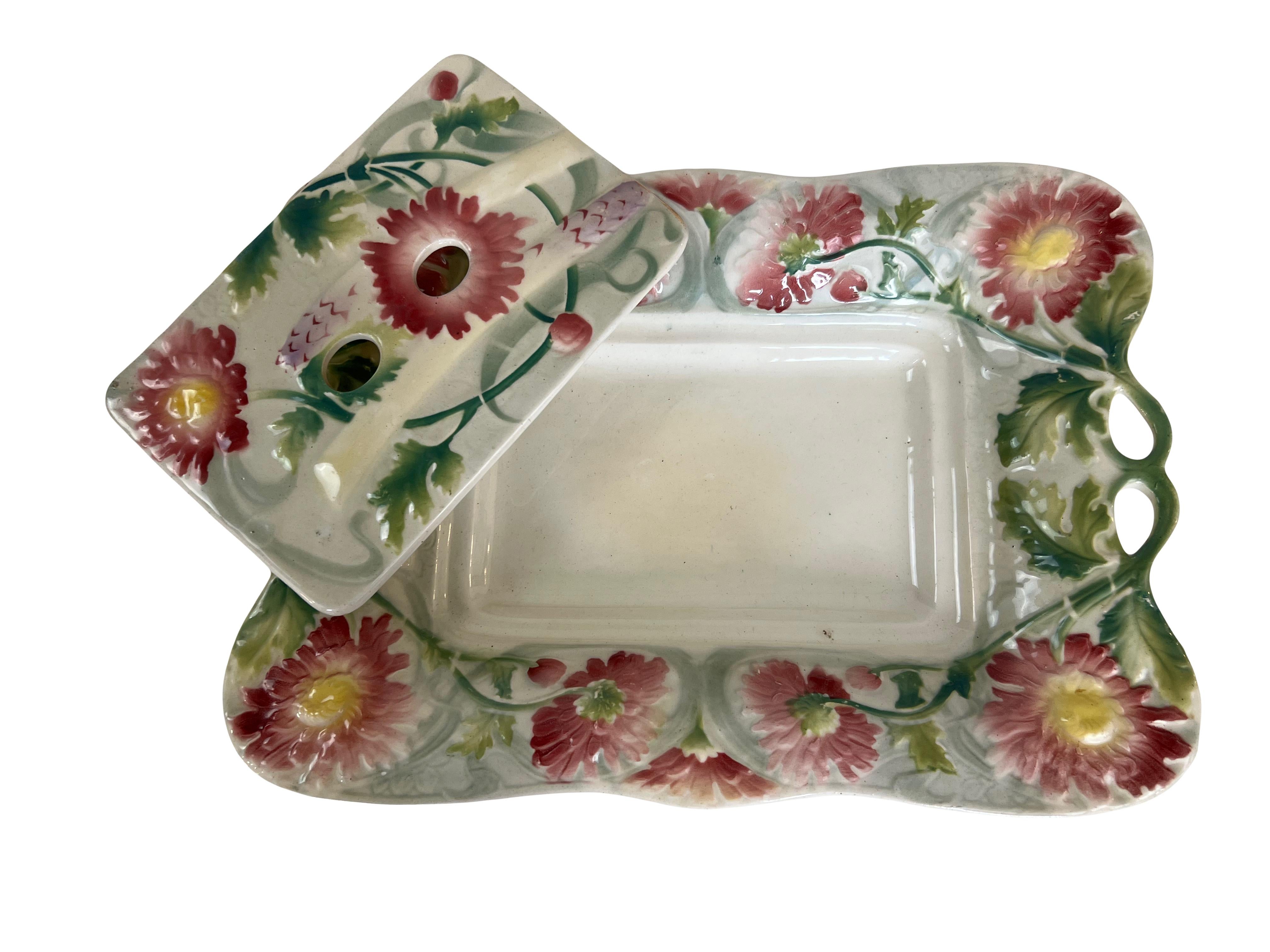 Art Nouveau Set of 6 Majolica Asparagus Plates with Asparagus Serving Platter – Saint Clémen For Sale