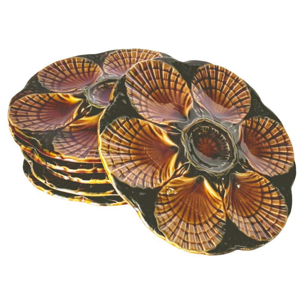 Set of 6 Majolica Oyster Plates – 19th Century – Green and Brown Glazes For Sale