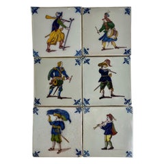 Set of 6 Makkum Dutch Hand-Painted Polychrome Delft Tiles by Royal Tichelaar