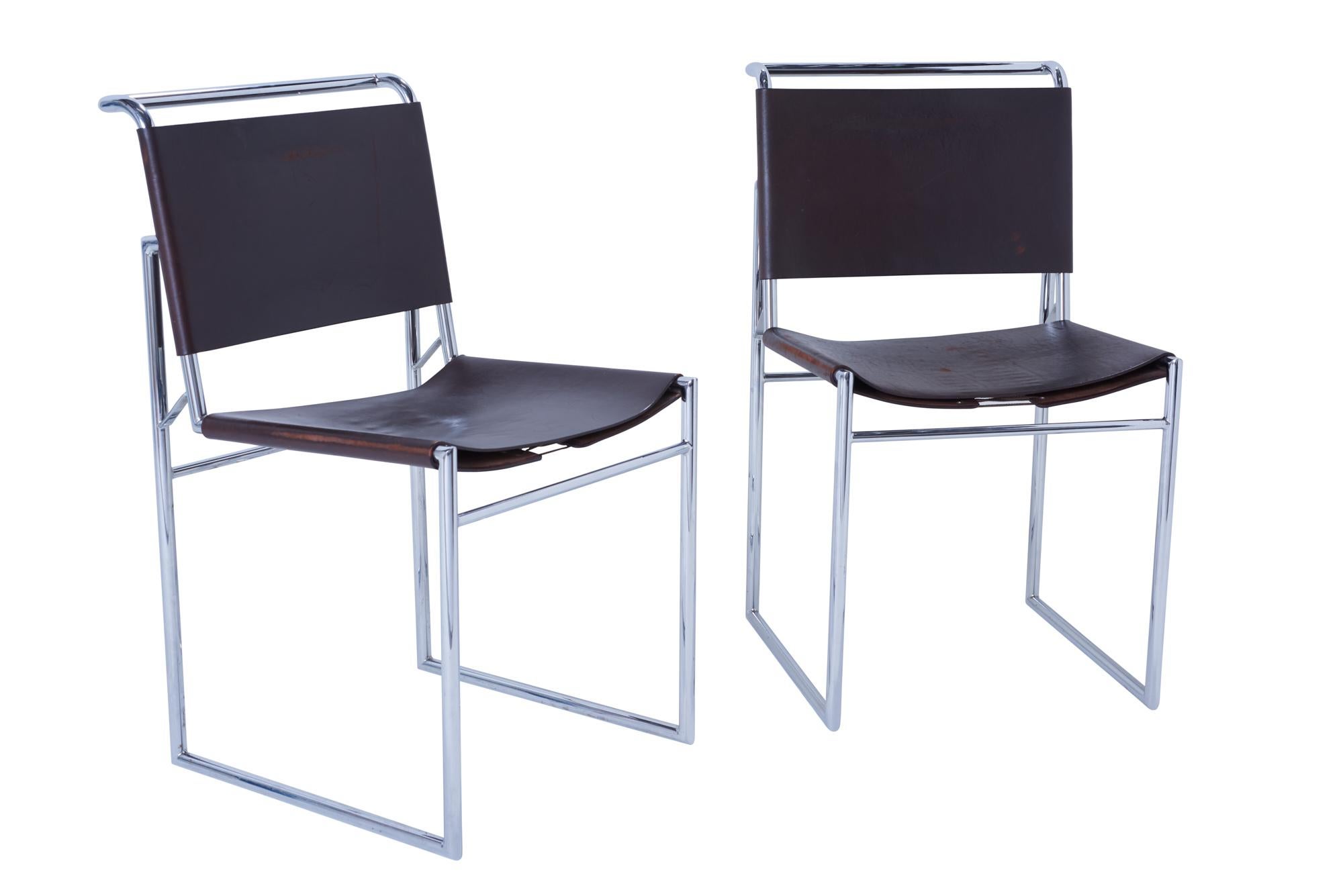 Set of 6 Marcel Breuer B40 Brown Leather and Chrome Corset Dining Chairs In Good Condition In New York, NY