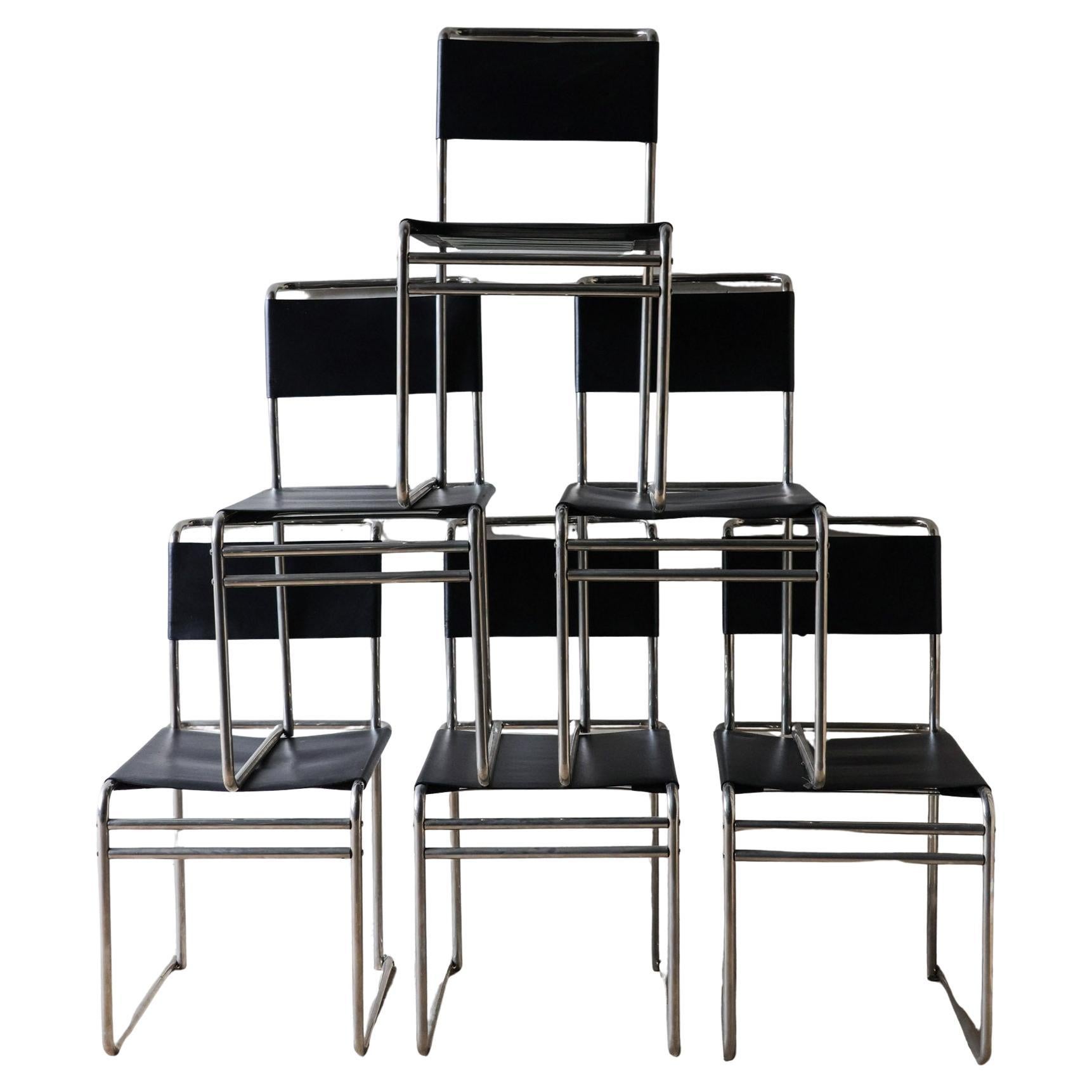 Set of 6 Marcel Breuer B5/B40 Chairs with Tubular Frame and Black Leather