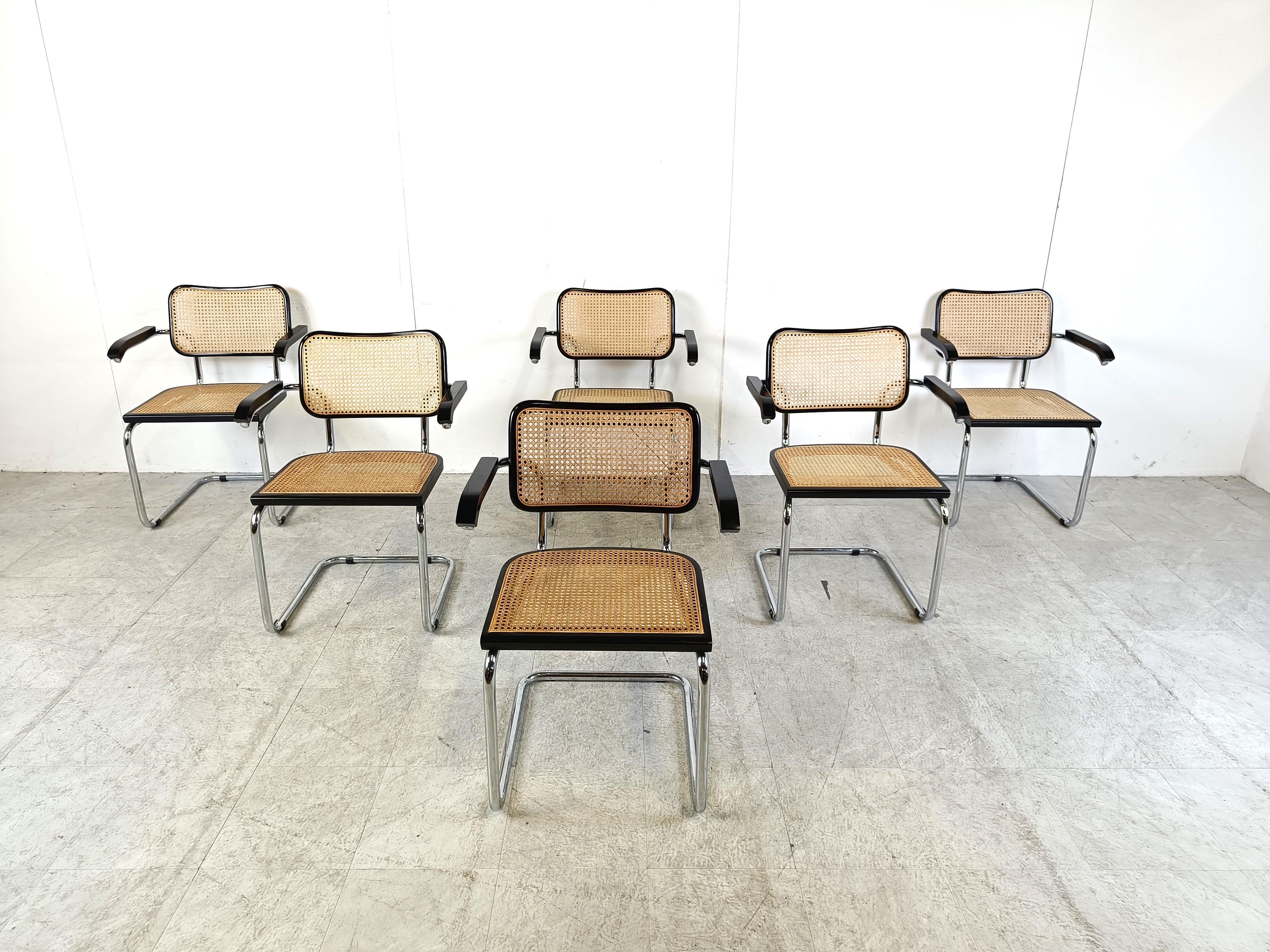 
Beautiful bauhaus style 'cesca' B64 armchairs in the style of Marcel Breuer

Vintage examples in good condition.

1970s - Italy

Timeless cantilever design with black Lacquered wooden and woven rattan seats and backrests and chromed tubular steel