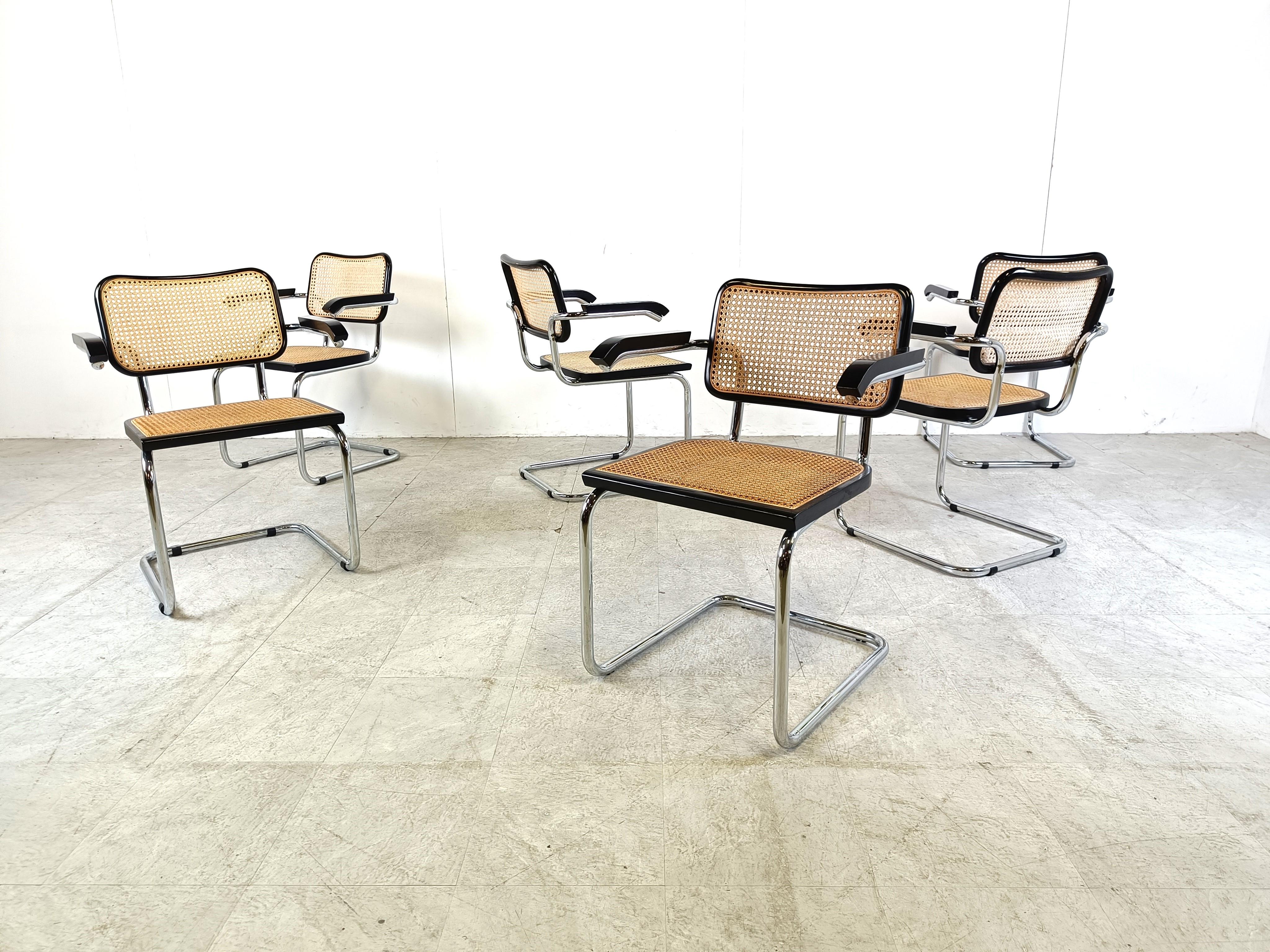 Cane Set of 6 Marcel Breuer style dining chairs, 1970s 