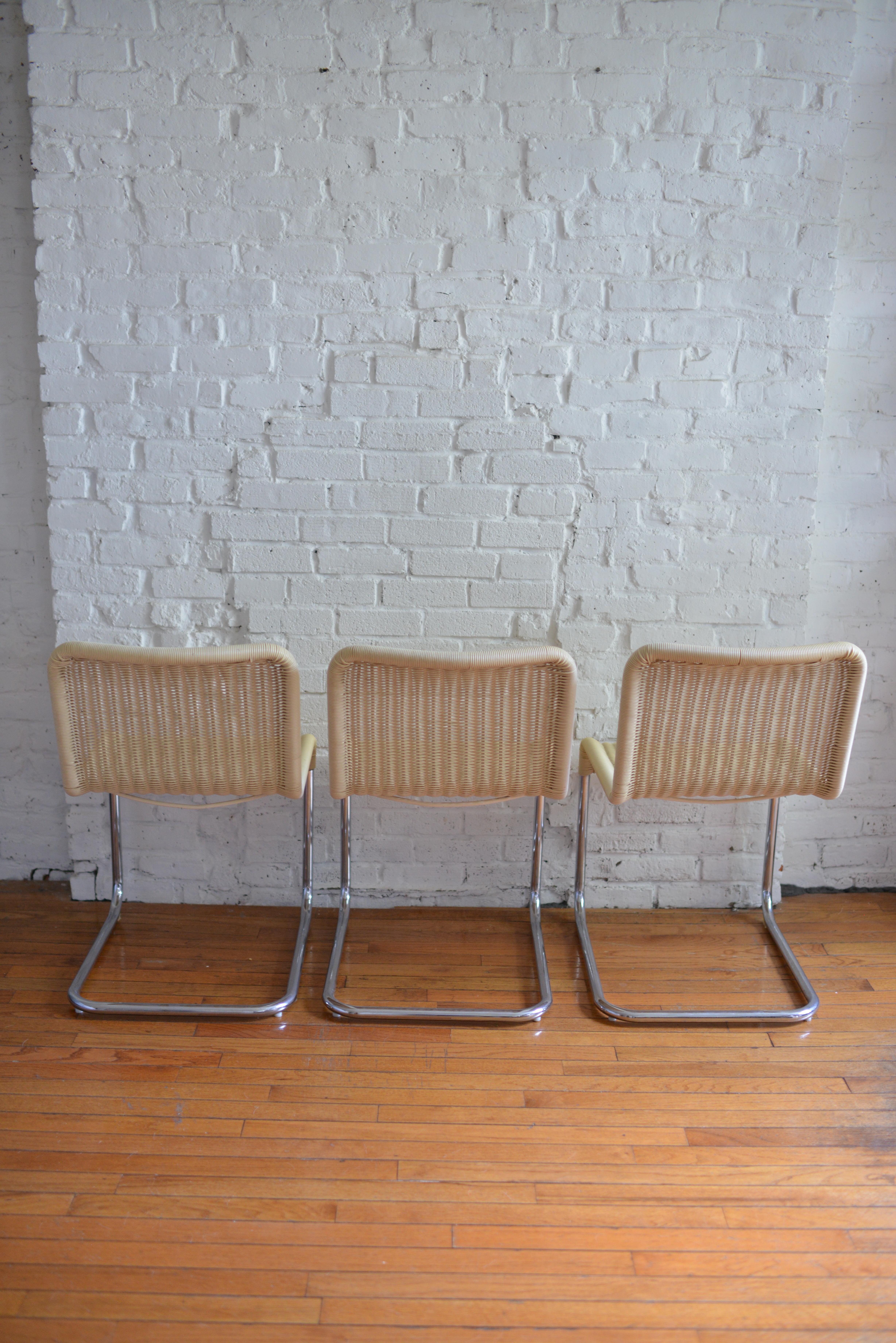 Unknown Set of 6 Marcel Breuer Style Woven Acrylic Rattan and Chrome Chairs For Sale