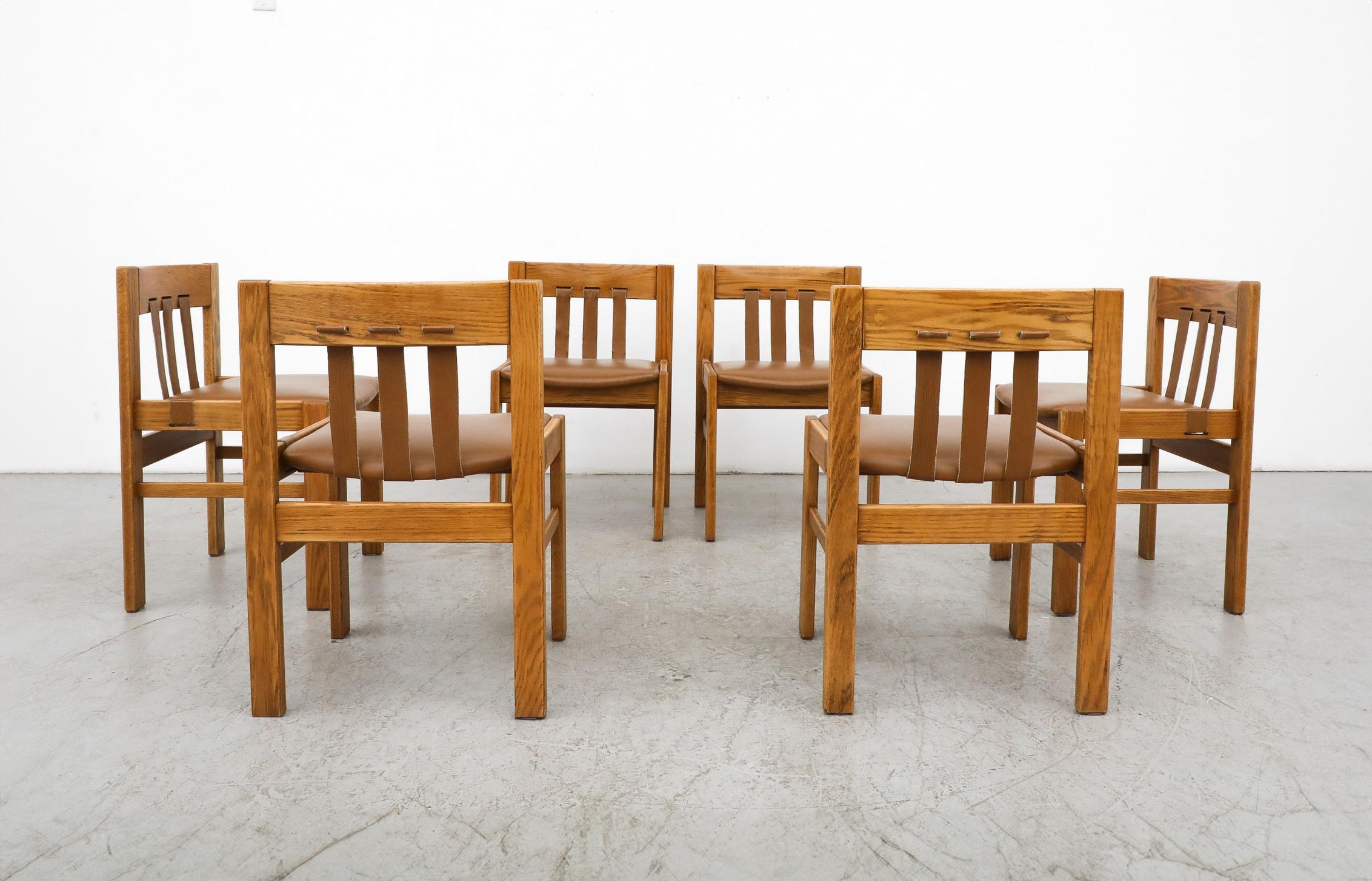 Mid-Century Modern Ensemble de 6 chaises de salle à manger Martin Visser en chêne et cuir par 't Spectrum en vente