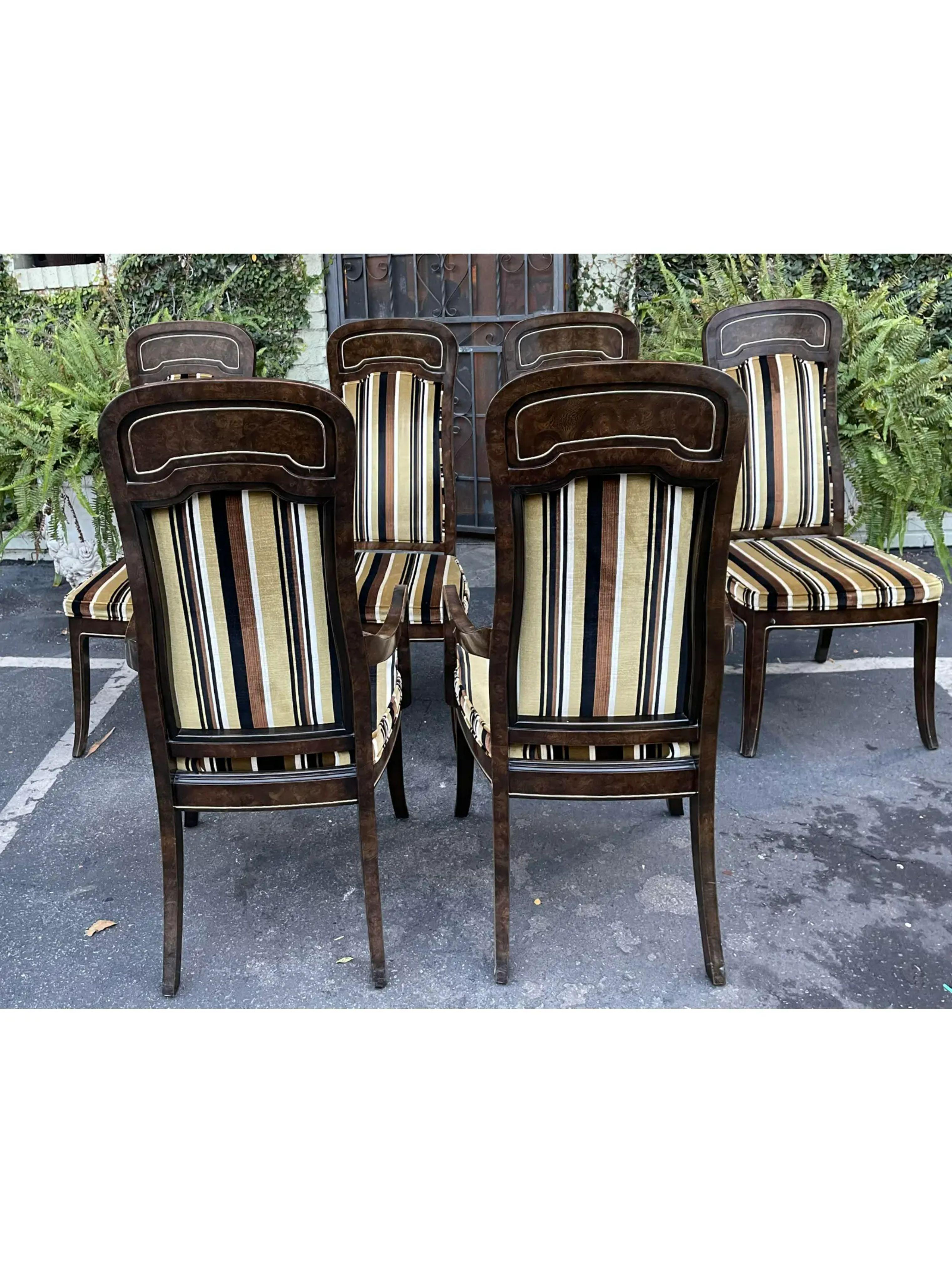 Mid-Century Modern Mastercraft Carpathian Elm and Brass Inlaid Dining Chairs - Set of 6

Additional information: 
Materials: Brass, Elm
Color: Brown
Brand: Mastercraft
Designer: Mastercraft
Period: 1970s
Styles: Mid-Century Modern
Number of