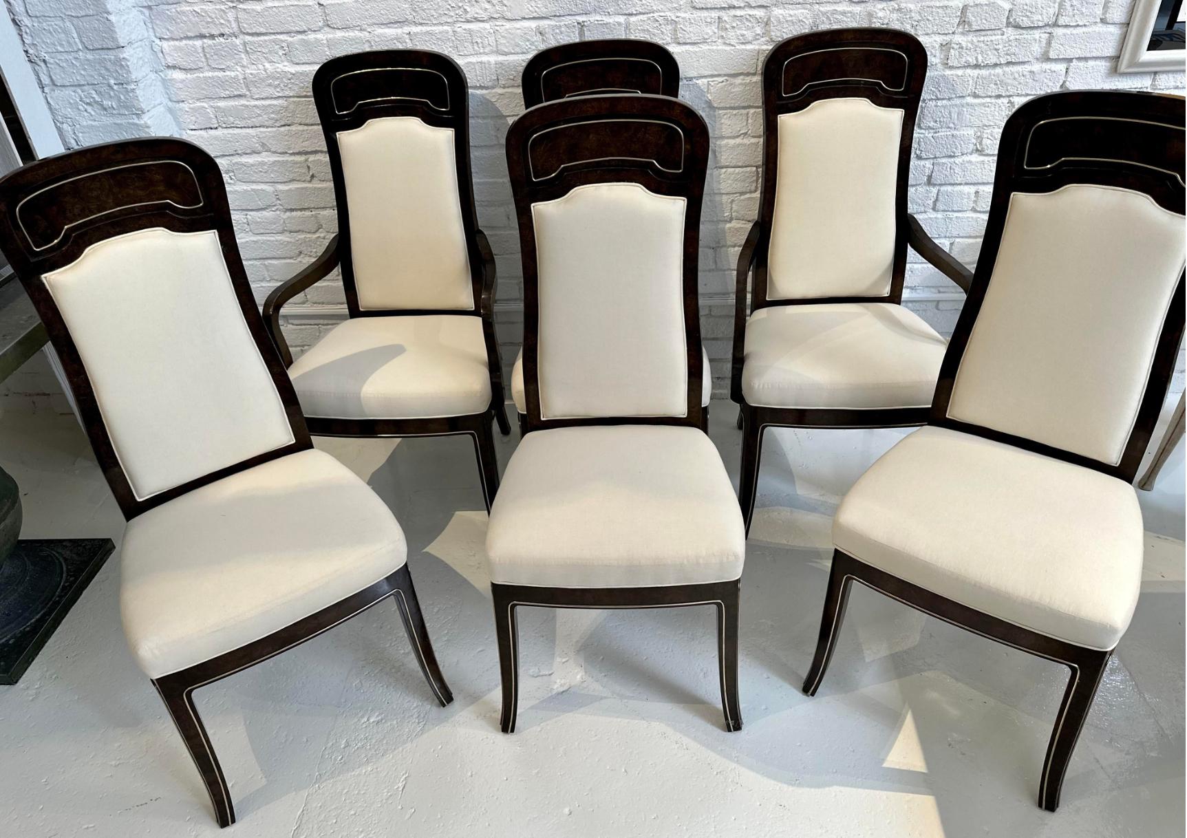 Set of 6 Mastercraft Carpathian Elm and Brass Inlaid Dining Chairs by William Doezema. The set includes two arm chairs and four side chairs.