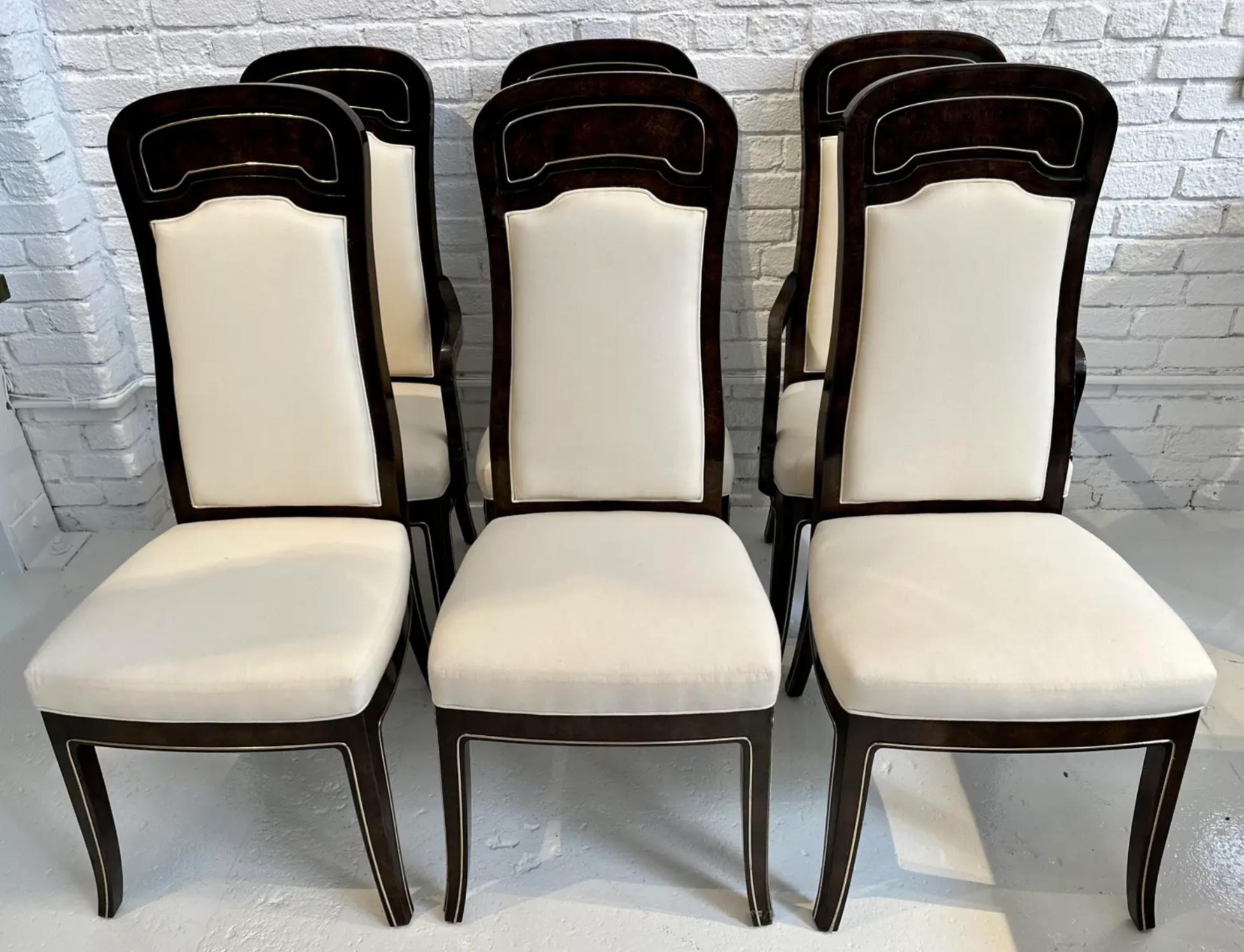 Mid-Century Modern Set of 6 Mastercraft Carpathian Elm and Brass Inlaid DininG Chairs For Sale