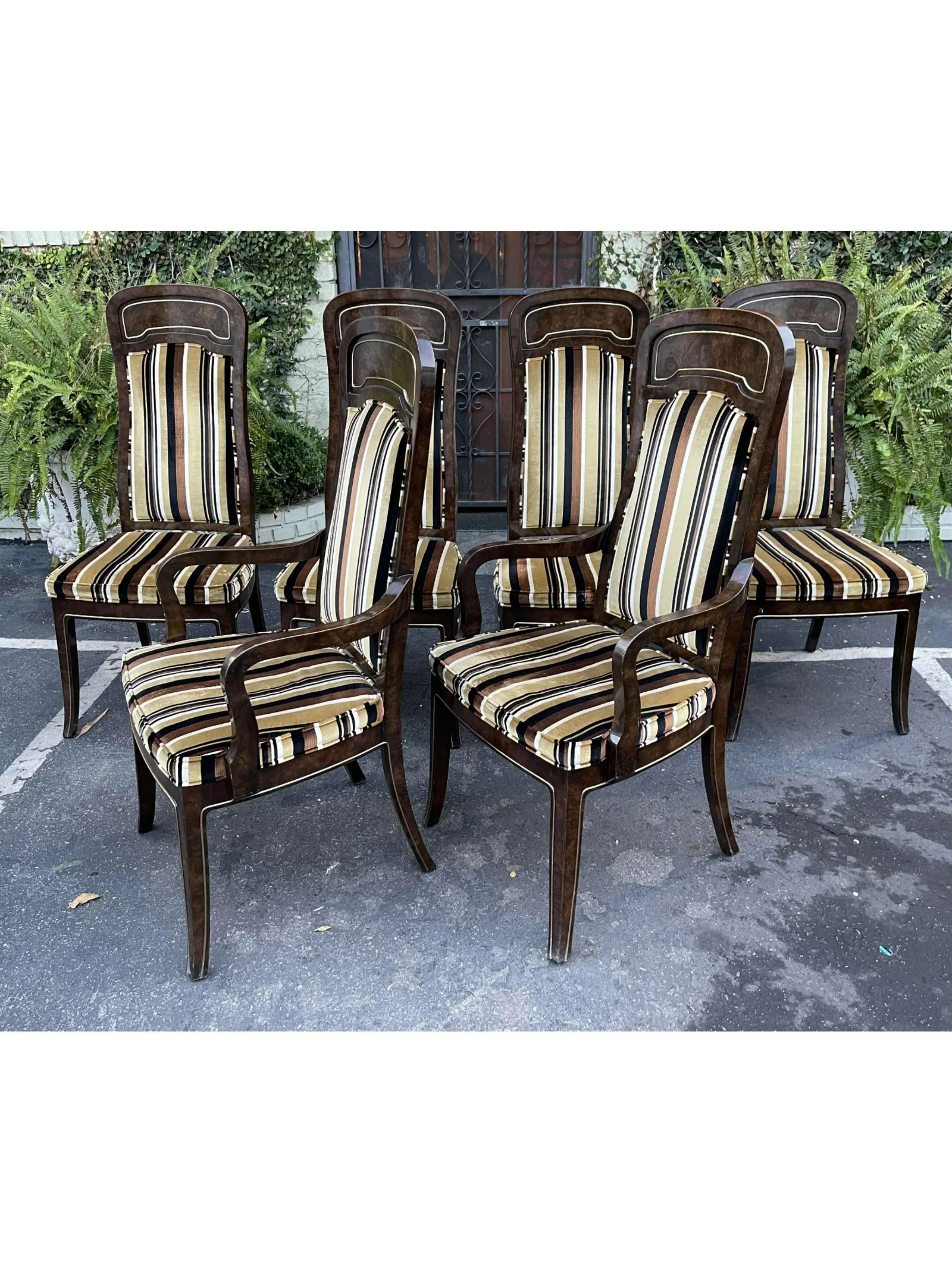 Set of 6 Mastercraft Carpathian Elm and Brass Inlaid Dining Chairs  In Good Condition In LOS ANGELES, CA