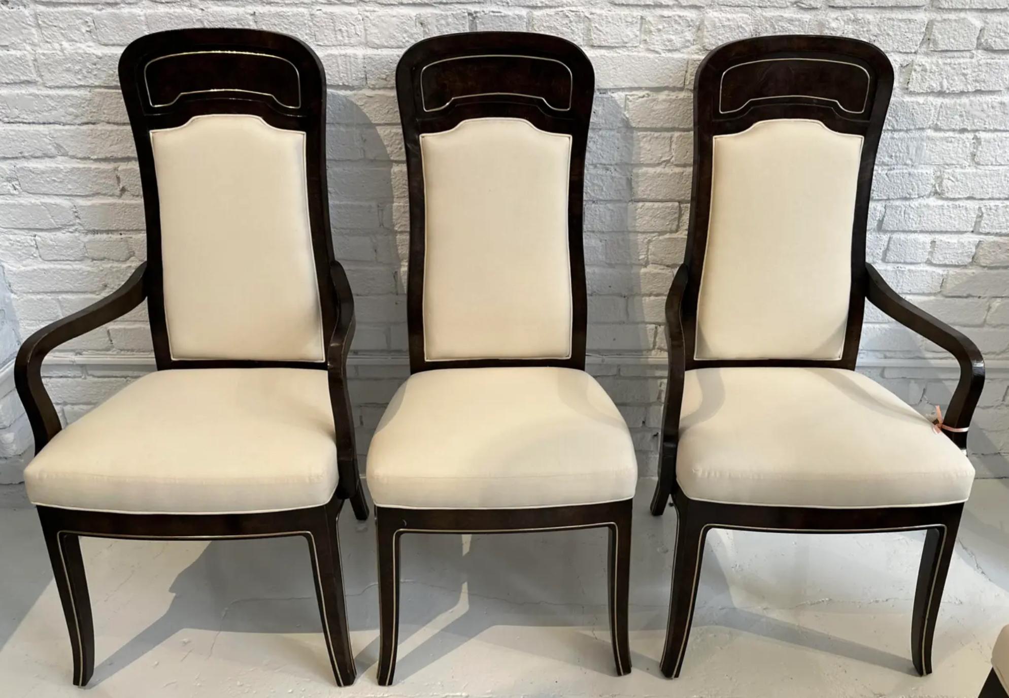 American Set of 6 Mastercraft Carpathian Elm and Brass Inlaid DininG Chairs For Sale