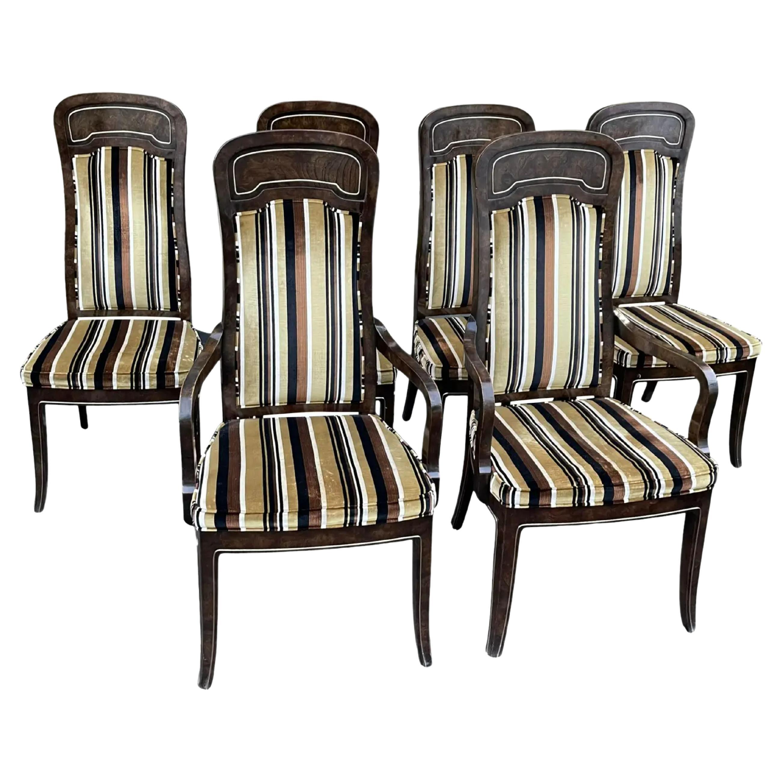 Set of 6 Mastercraft Carpathian Elm and Brass Inlaid Dining Chairs 