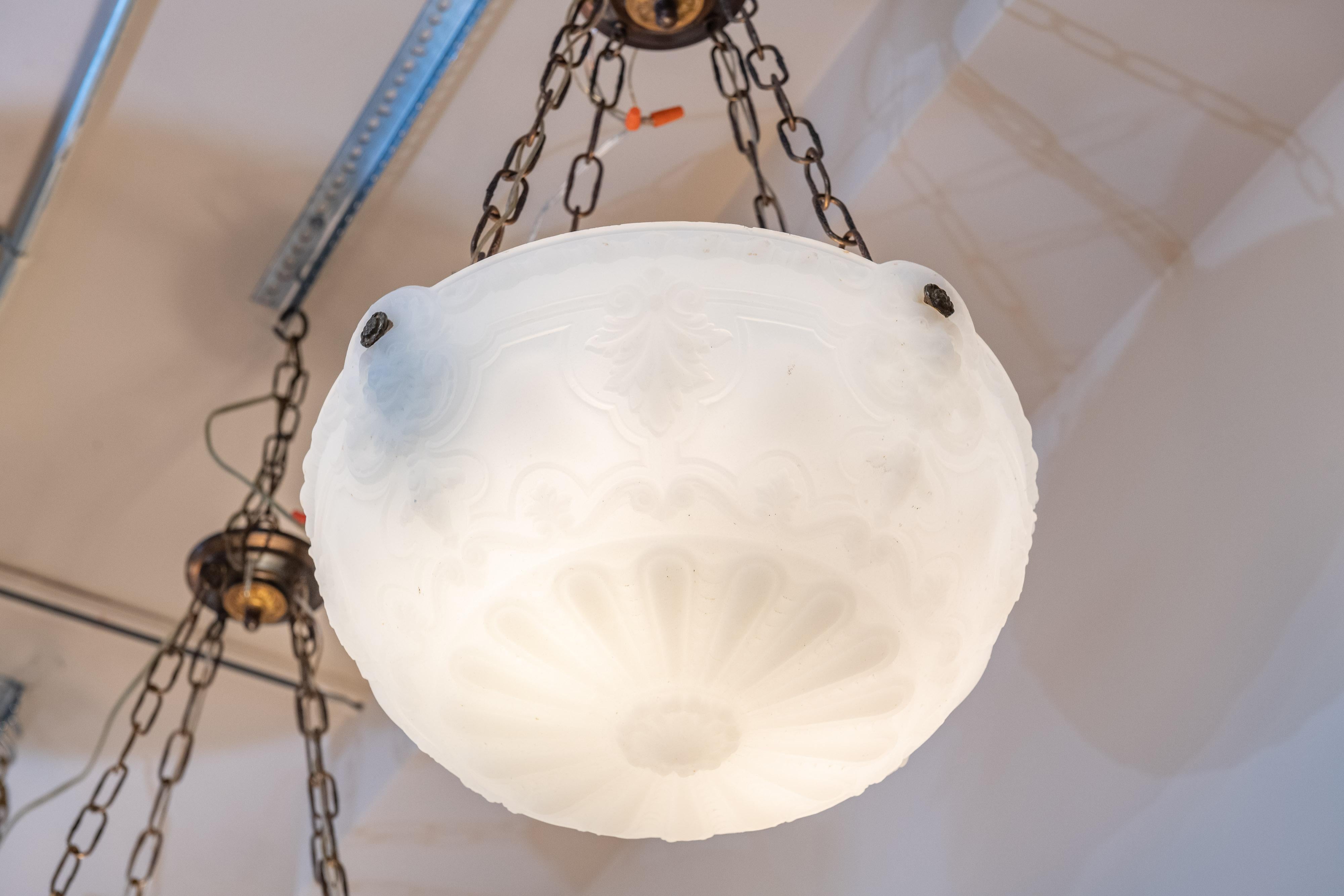 It's hard to believe what we are offering here. In our 46 years of selling chandeliers we have never had 6 matching ceiling lights of any kind. Pairs are hard enough to find. These came from a men's club in California.
They not only match, but they