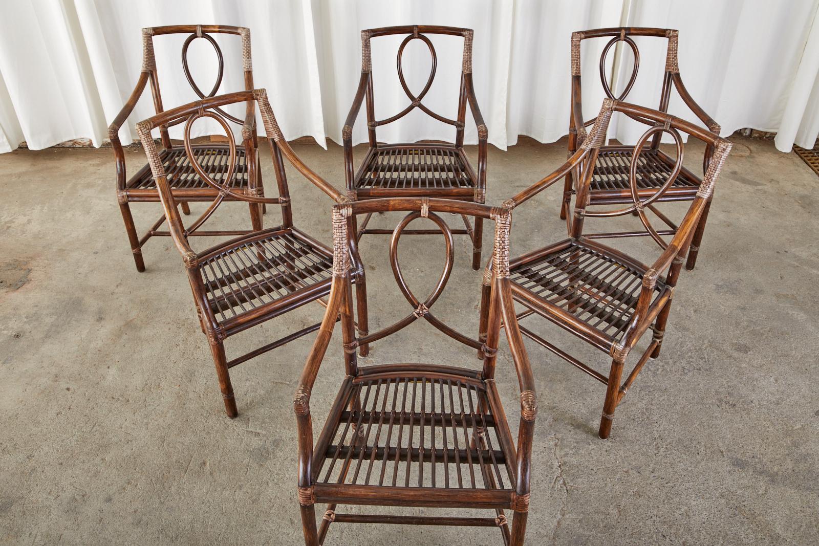 Hand-Crafted Set of Six McGuire Organic Modern Rattan Dining Armchairs