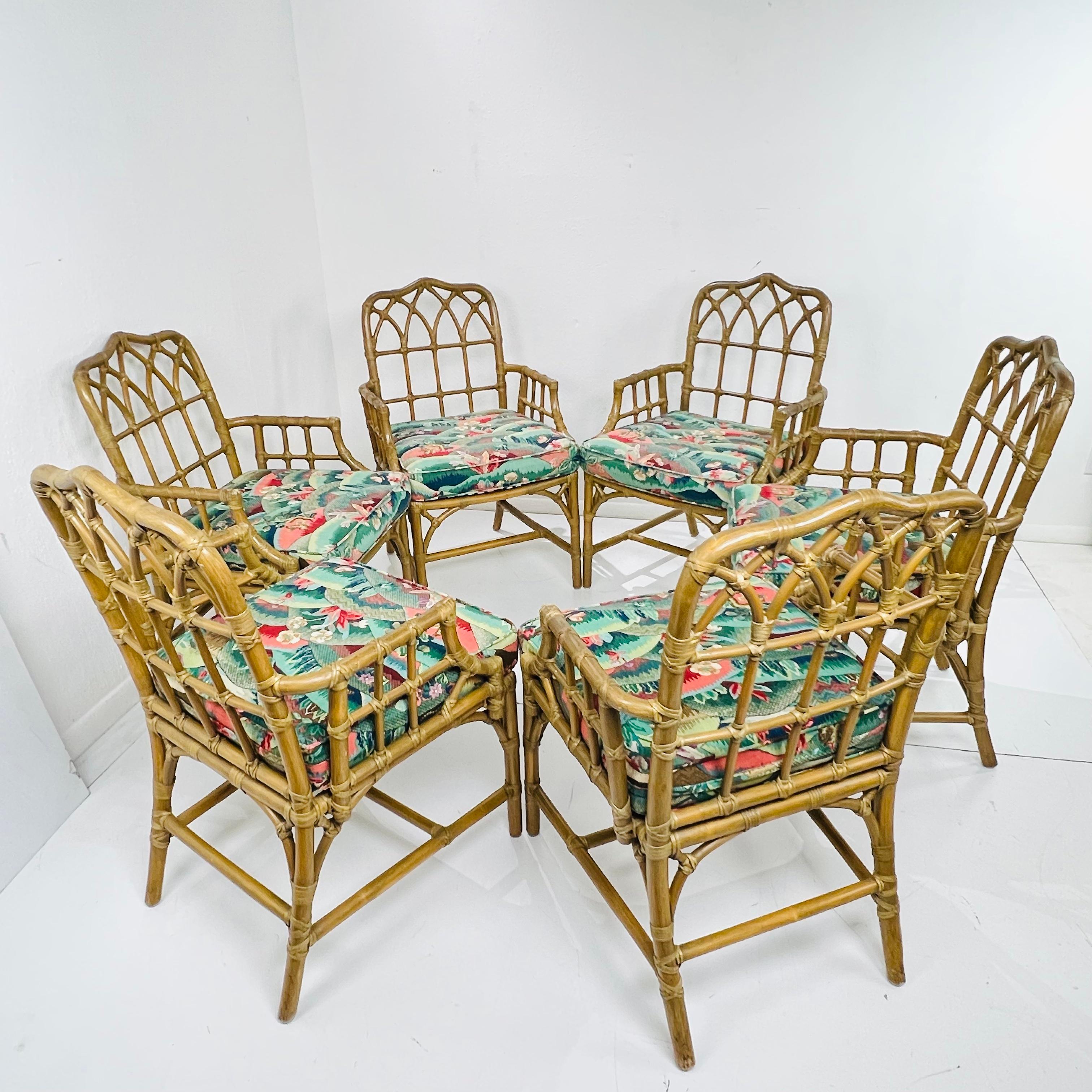 North American Set of 6 McGuire Rattan Cathedral Dining Chairs For Sale