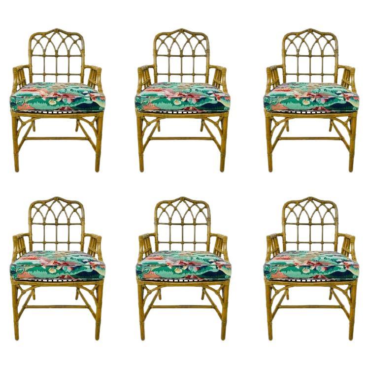 Set of Six McGuire LeatherBound Rattan Dining Chairs with “Target