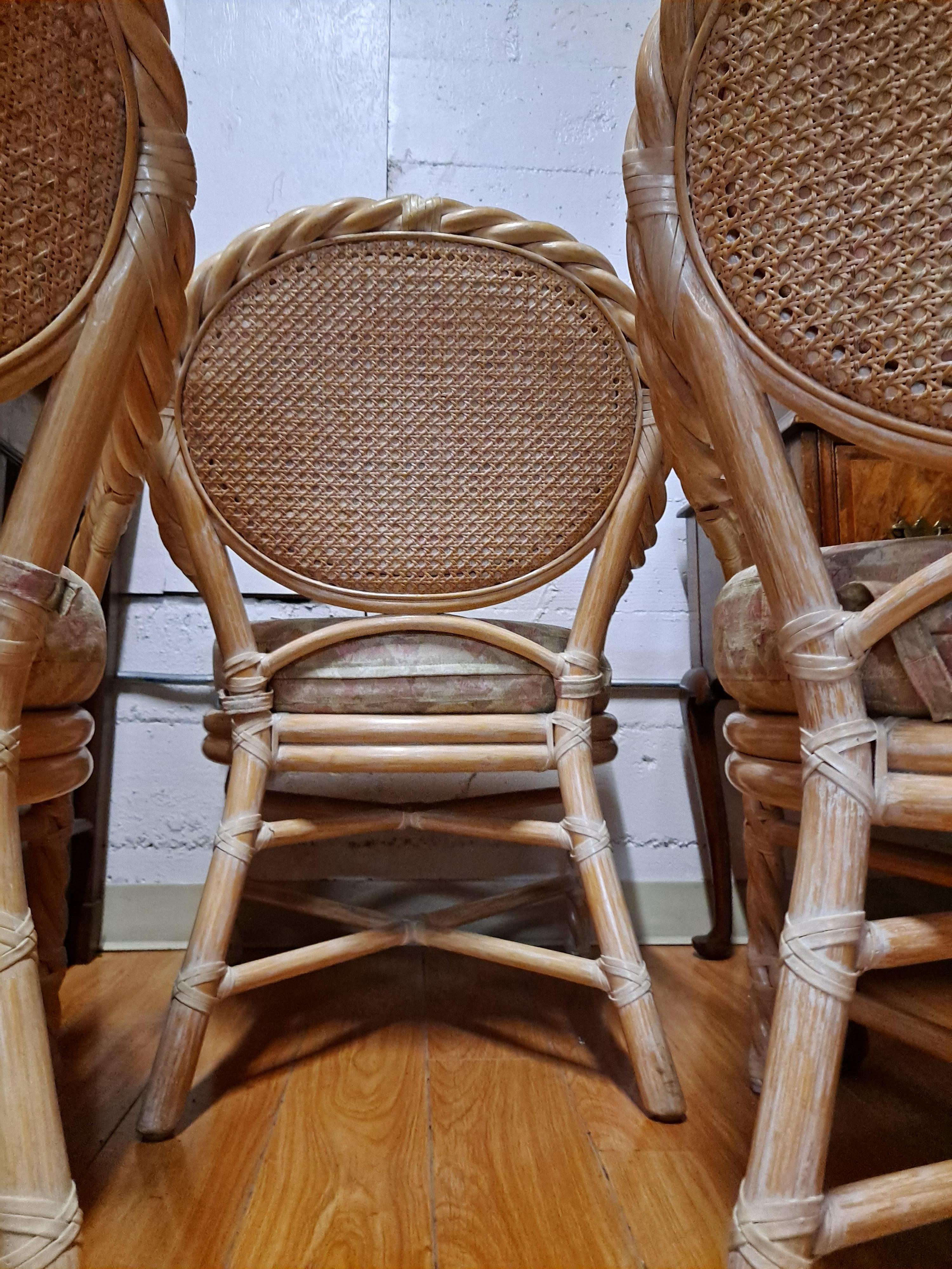 Wood Set of 6 McGuire Twisted Rattan Rawhide Chairs For Sale