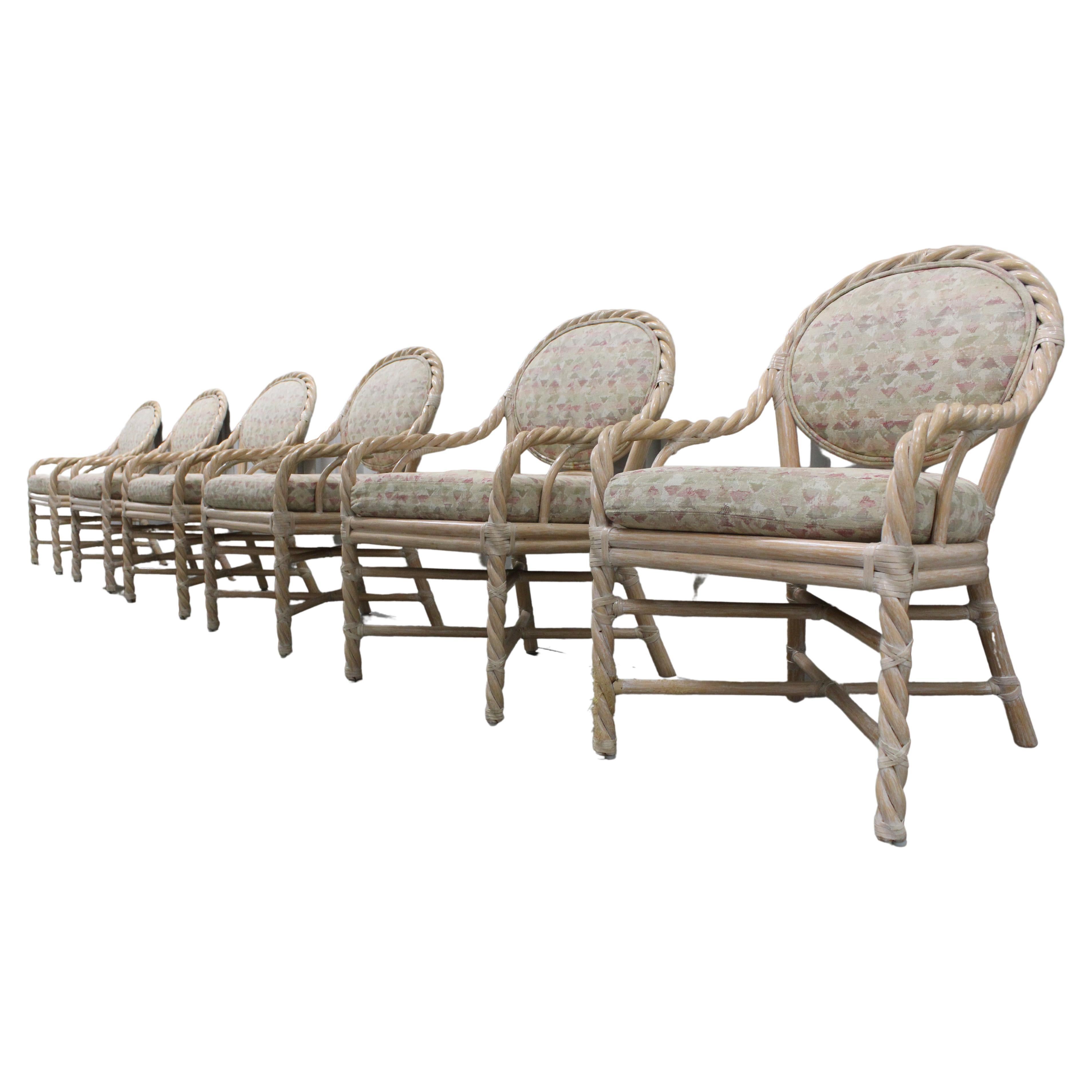 Set of 6 McGuire Twisted Rattan Rawhide Chairs For Sale