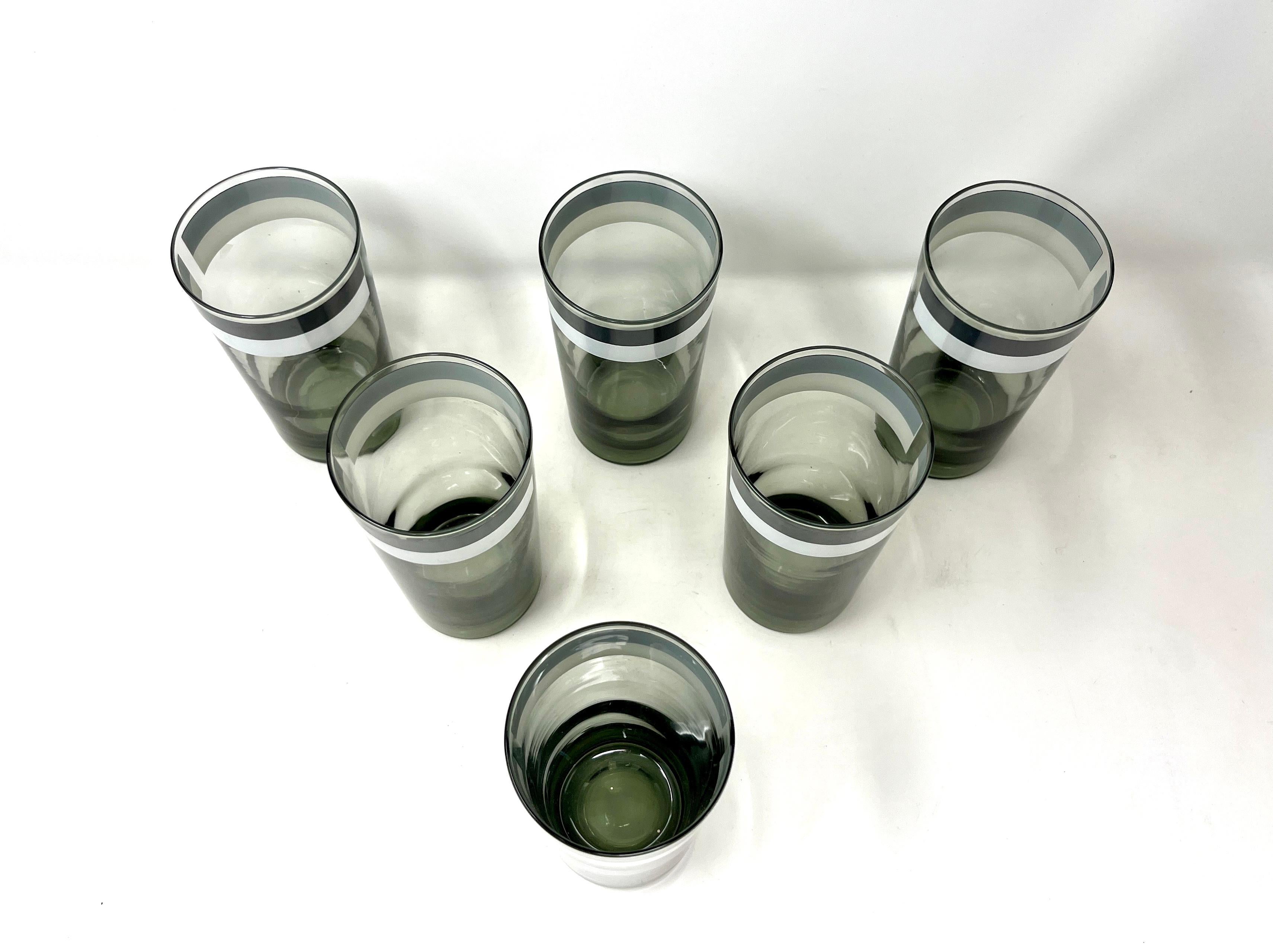 Mid-Century Modern Ensemble de 6 verres à cocktail longs rayés vert teinté MCM, Mod Op Art en vente