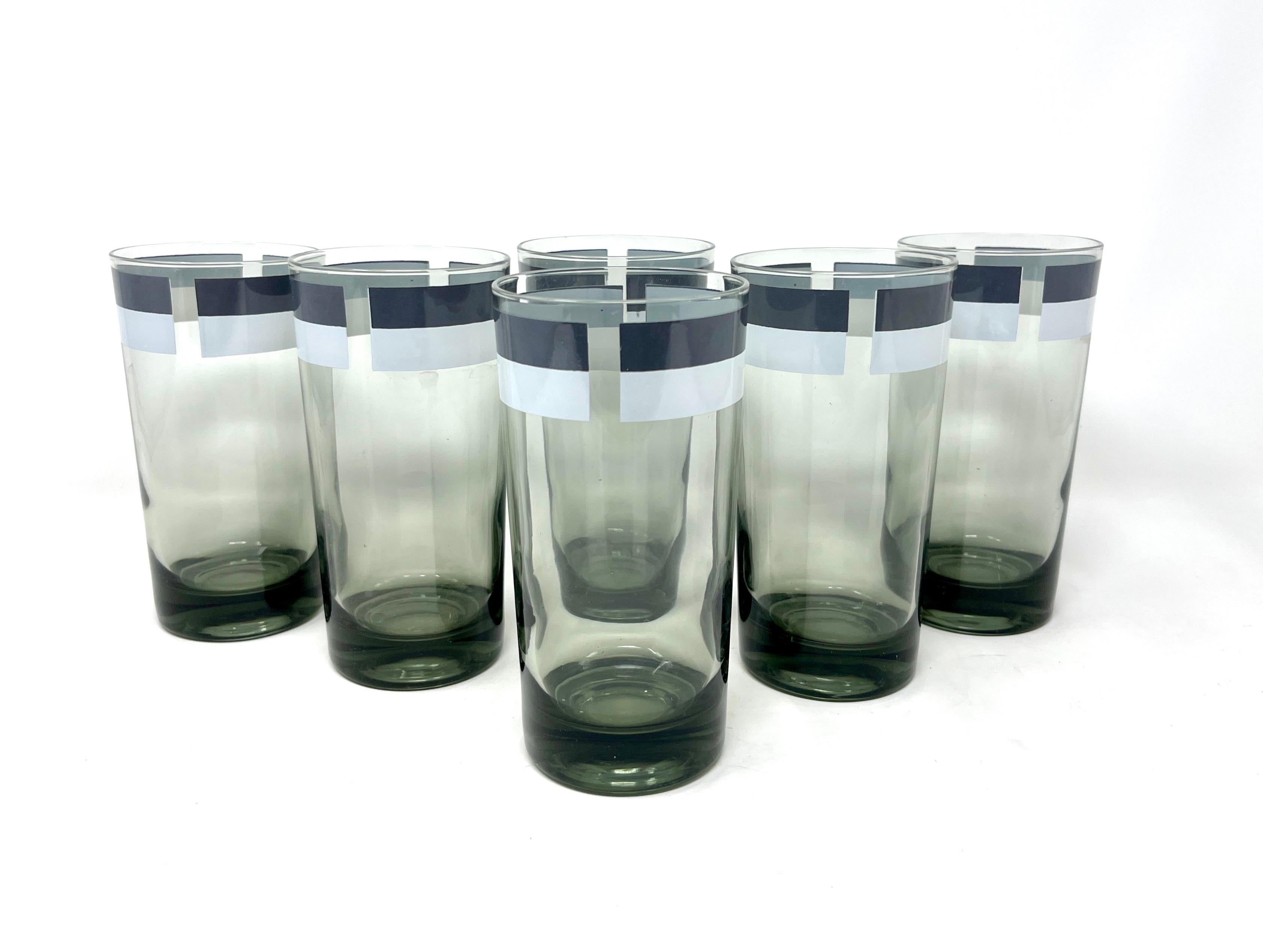 Américain Ensemble de 6 verres à cocktail longs rayés vert teinté MCM, Mod Op Art en vente