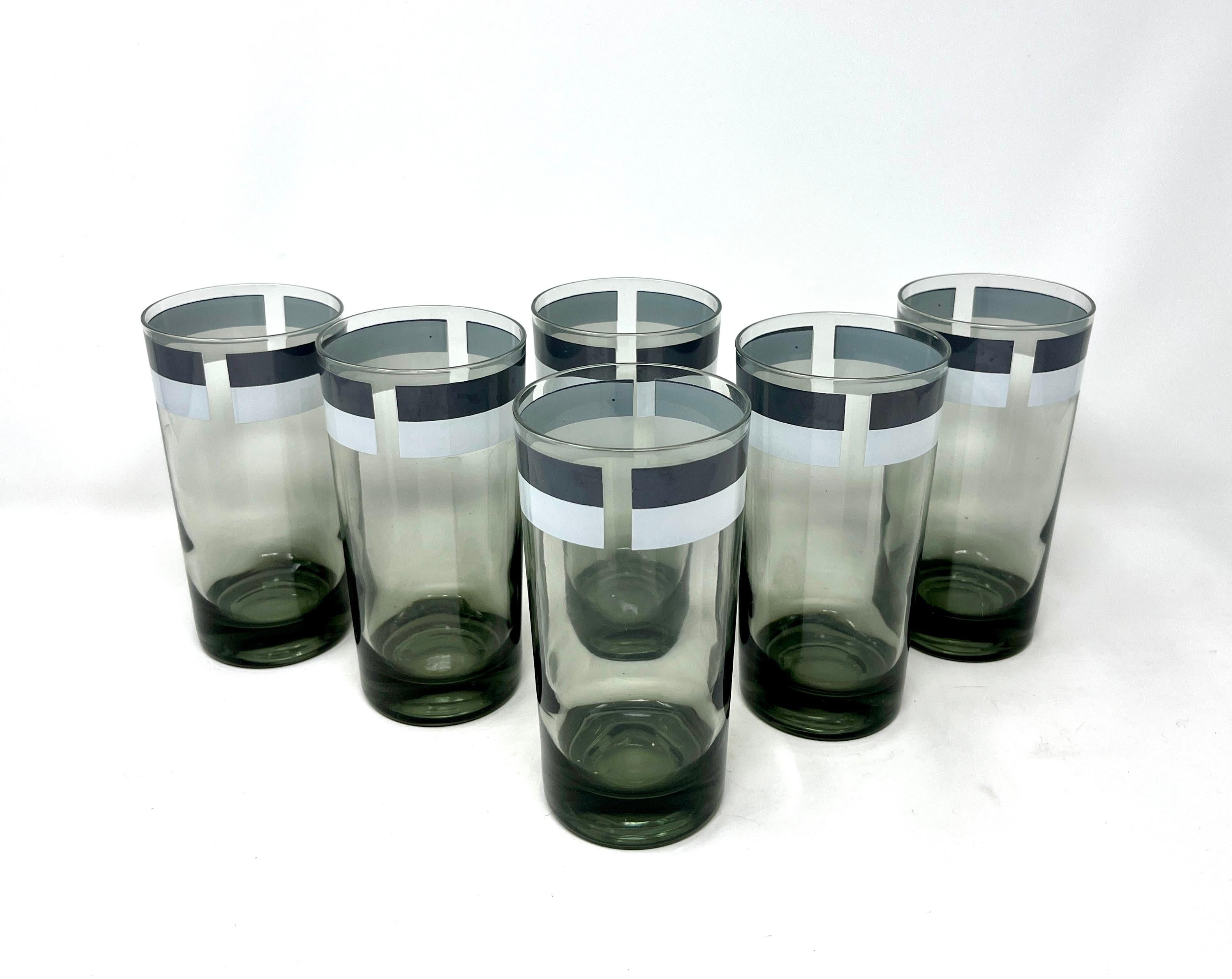 Ensemble de 6 verres à cocktail longs rayés vert teinté MCM, Mod Op Art Bon état - En vente à Chicago, IL