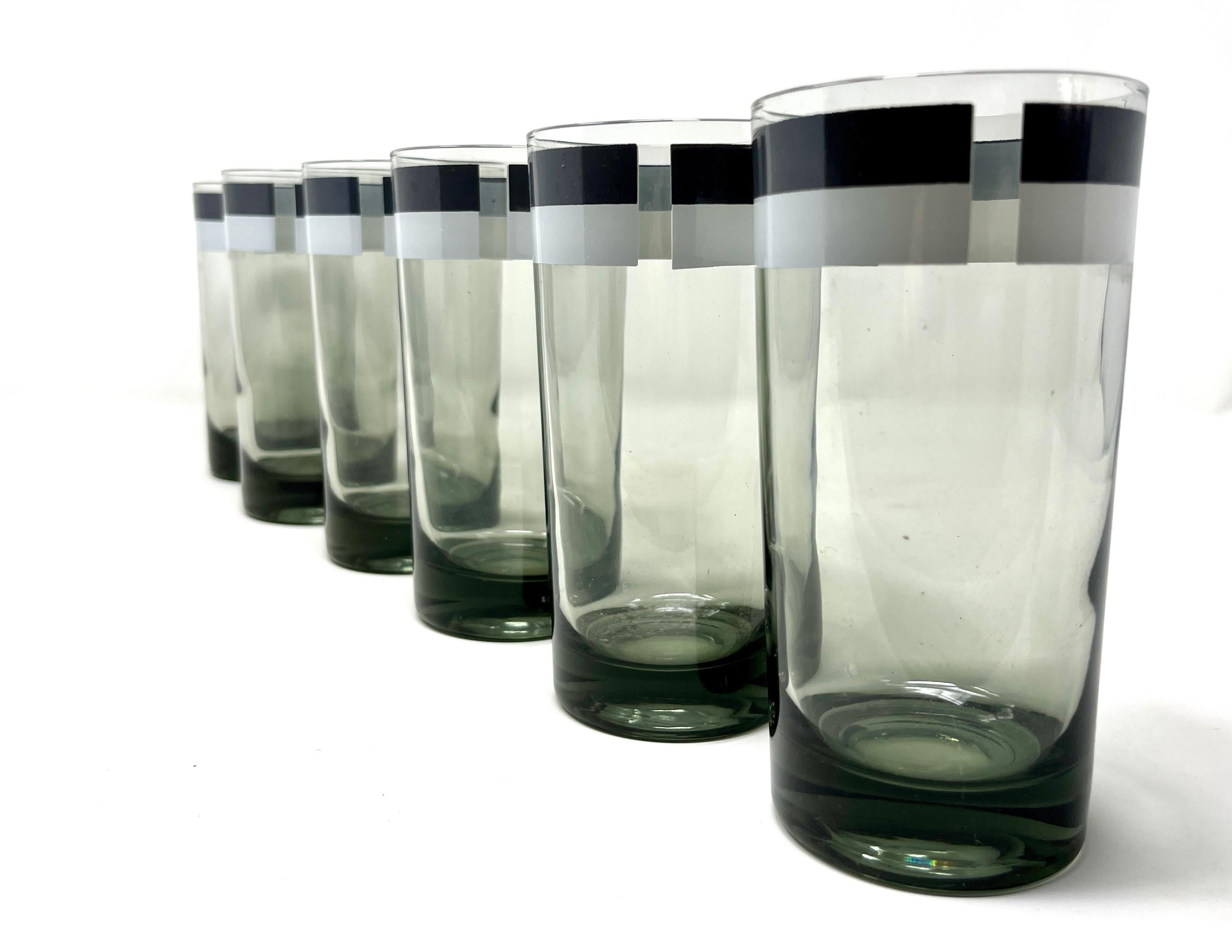 Ensemble de 6 verres à cocktail longs rayés vert teinté MCM, Mod Op Art en vente 1