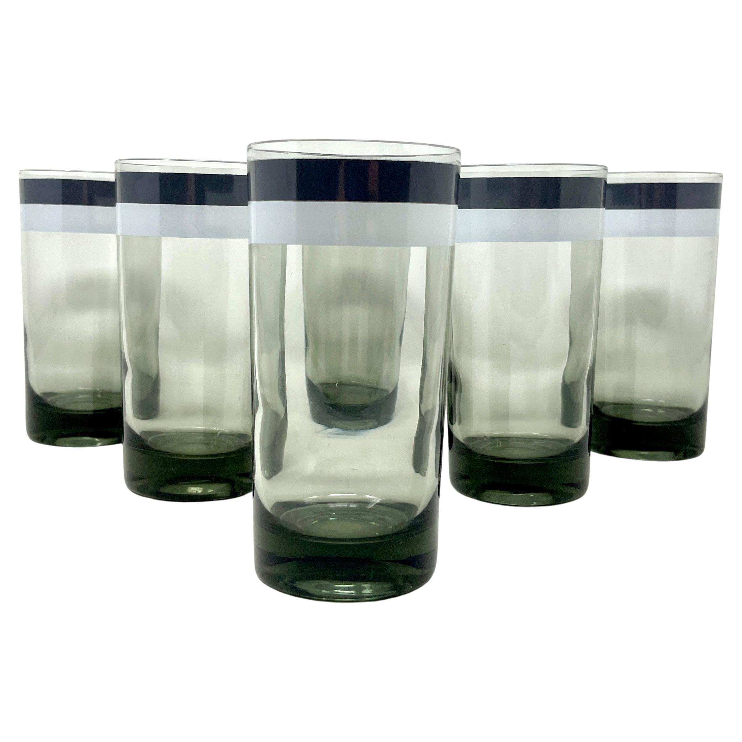 Set of 6 MCM Green Tint Striped Highball Cocktail Glasses, Mod Op Art