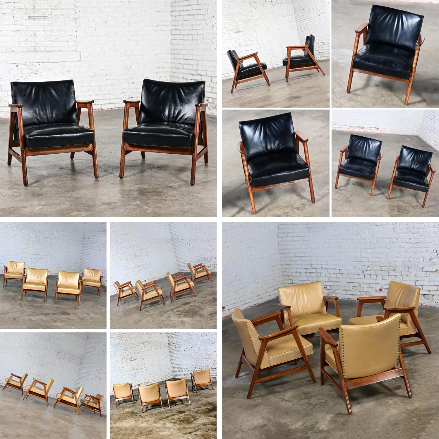 Set of 6 MCM Gunlocke Armchairs 4 Gold & 2 Black Leather with Walnut Frames 3