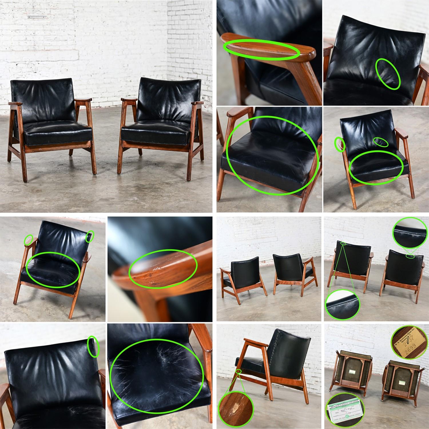 Set of 6 MCM Gunlocke Armchairs 4 Gold & 2 Black Leather with Walnut Frames 4