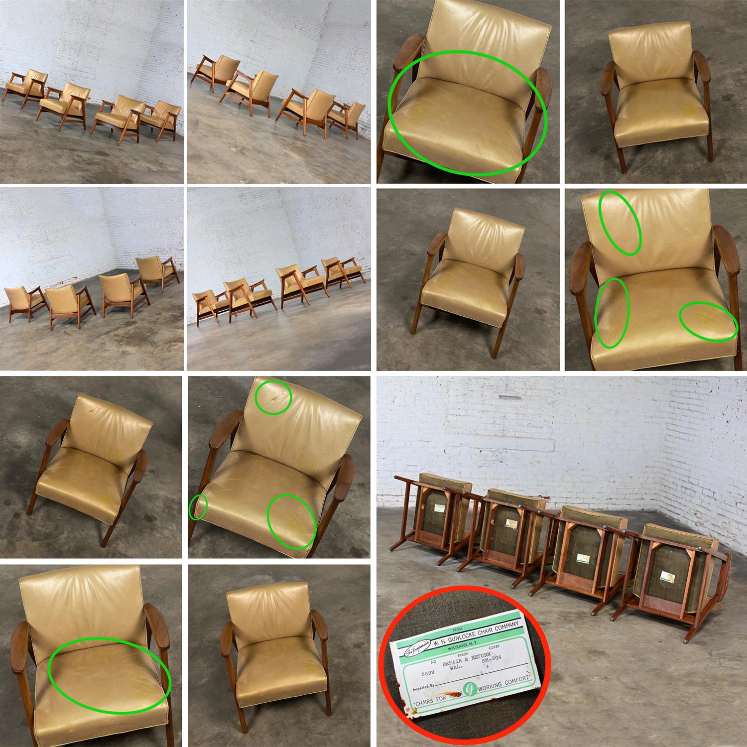 Set of 6 MCM Gunlocke Armchairs 4 Gold & 2 Black Leather with Walnut Frames 6