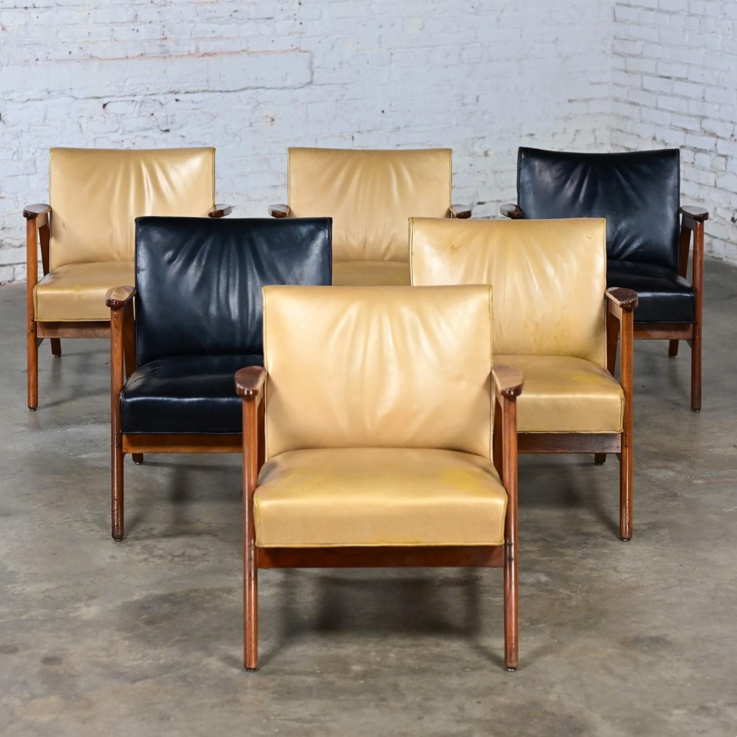 Set of 6 MCM Gunlocke Armchairs 4 Gold & 2 Black Leather with Walnut Frames 8