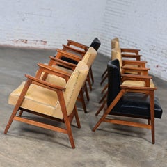 Set of 6 MCM Gunlocke Armchairs 4 Gold & 2 Black Leather with Walnut Frames