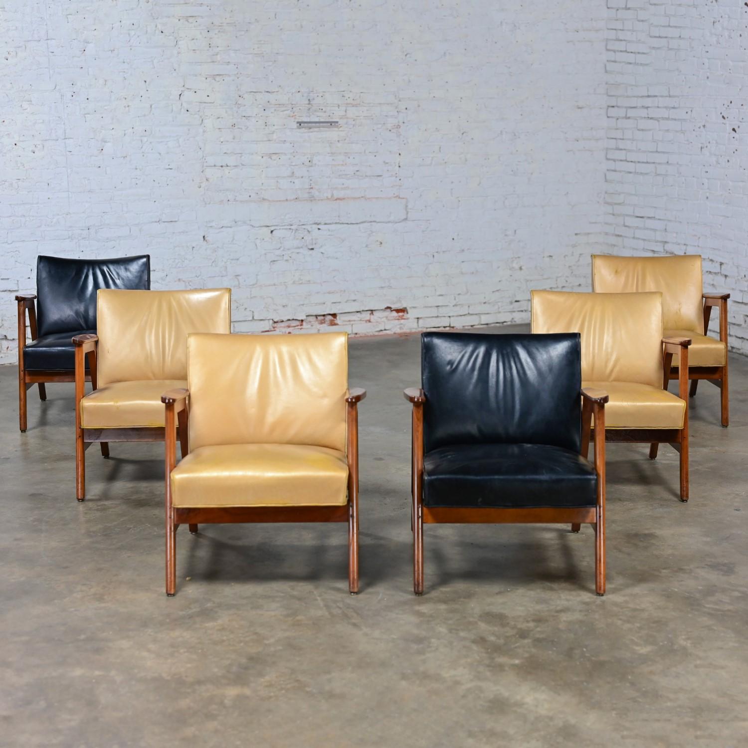 American Set of 6 MCM Gunlocke Armchairs 4 Gold & 2 Black Leather with Walnut Frames
